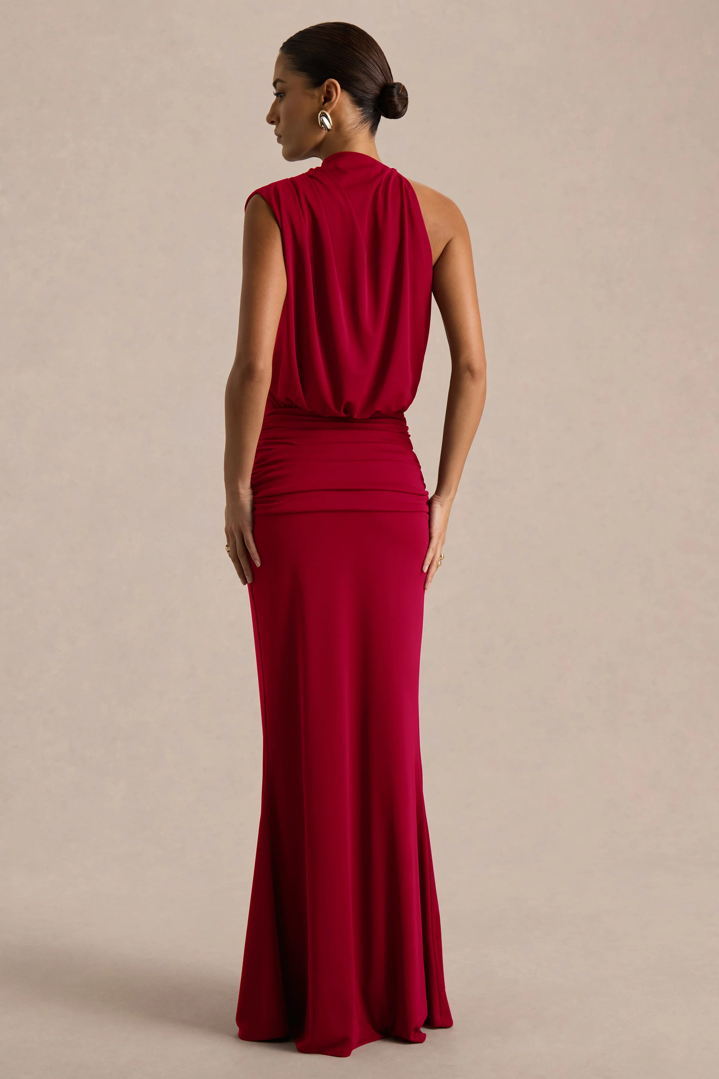 Umaira | Red Ruched High Neck Maxi Dress With Draped Detailing