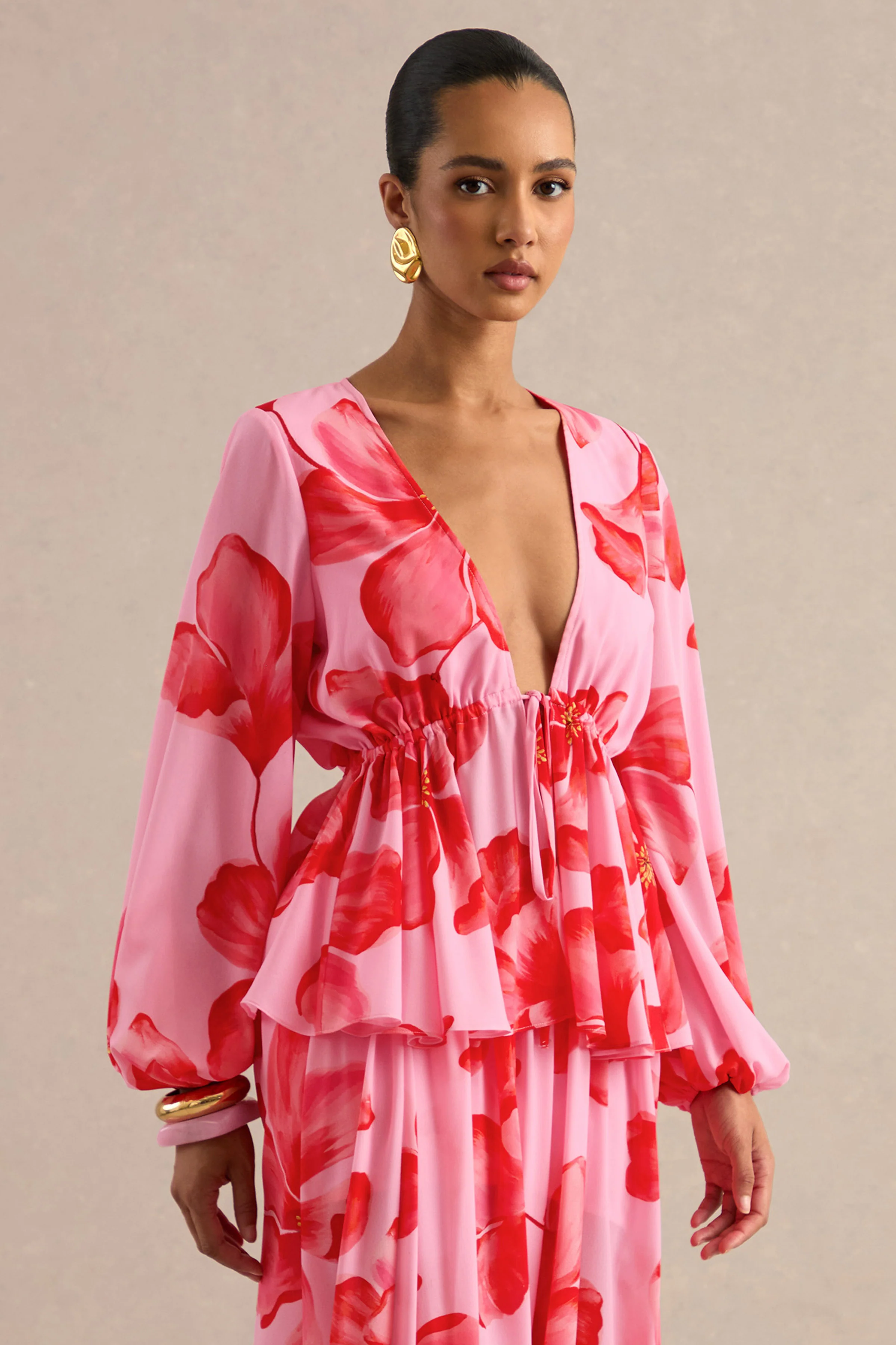 Asella | Pink Chiffon Plunge-Neck Front-Tied Top