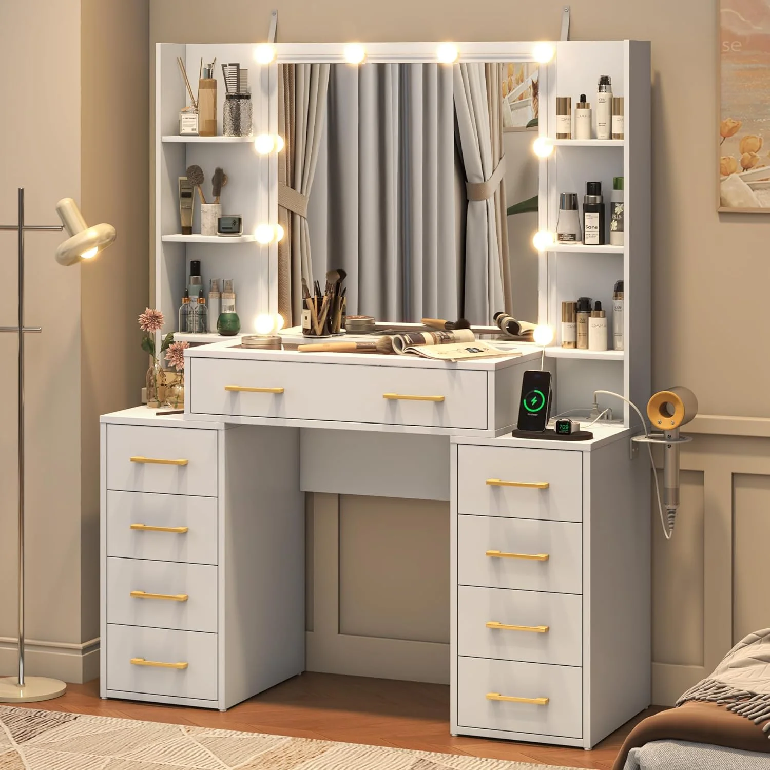 Black Vanity Desk with Mirror & LED Lights, Glass Top Vanity Desk with Charging Station & Compartment Storage Drawers, 43 Large Makeup Vanity Table with 9 Drawers & 6 Shelves