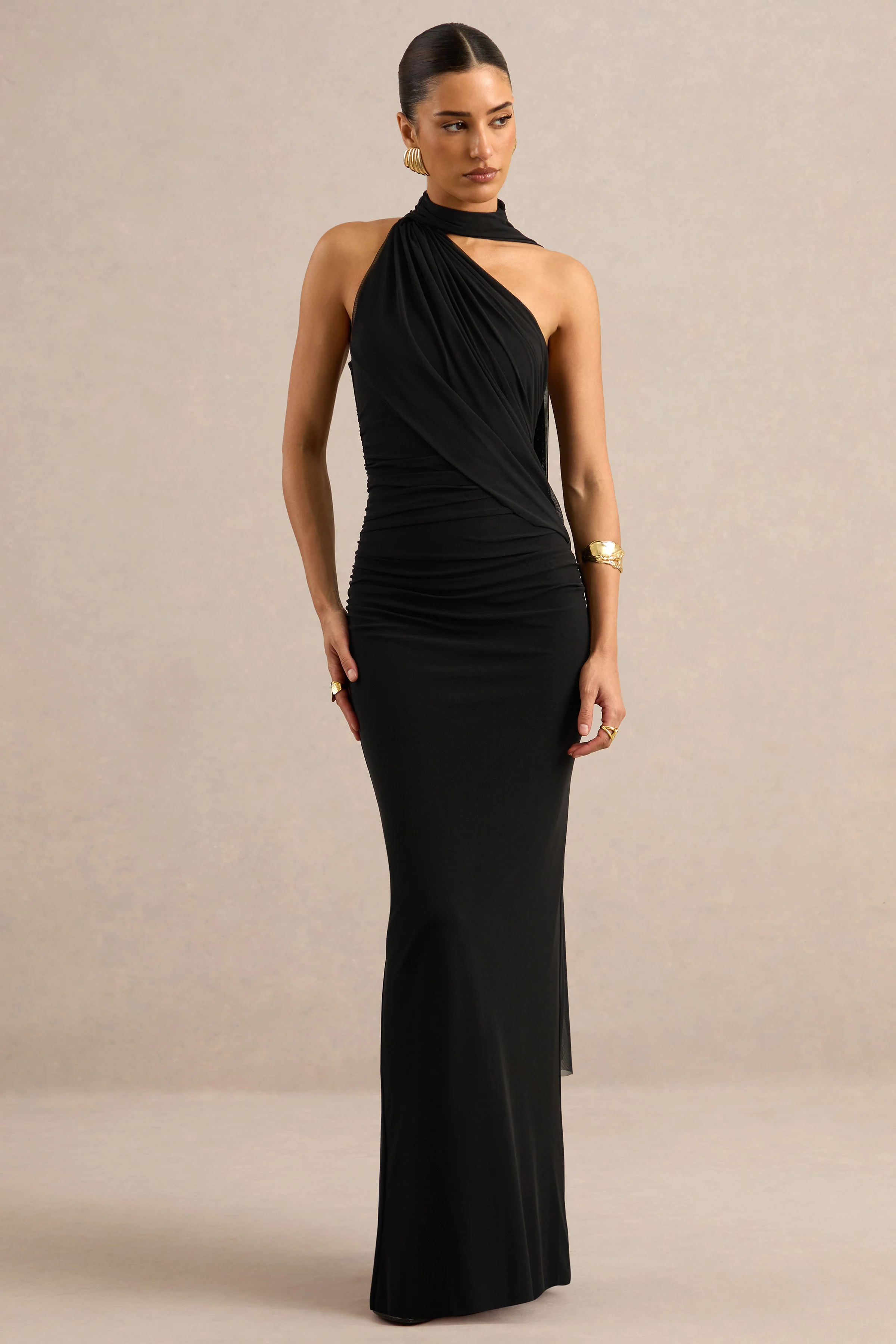Gelsey | Black Mesh High Neck Ruched Maxi Dress With Scarf Detail