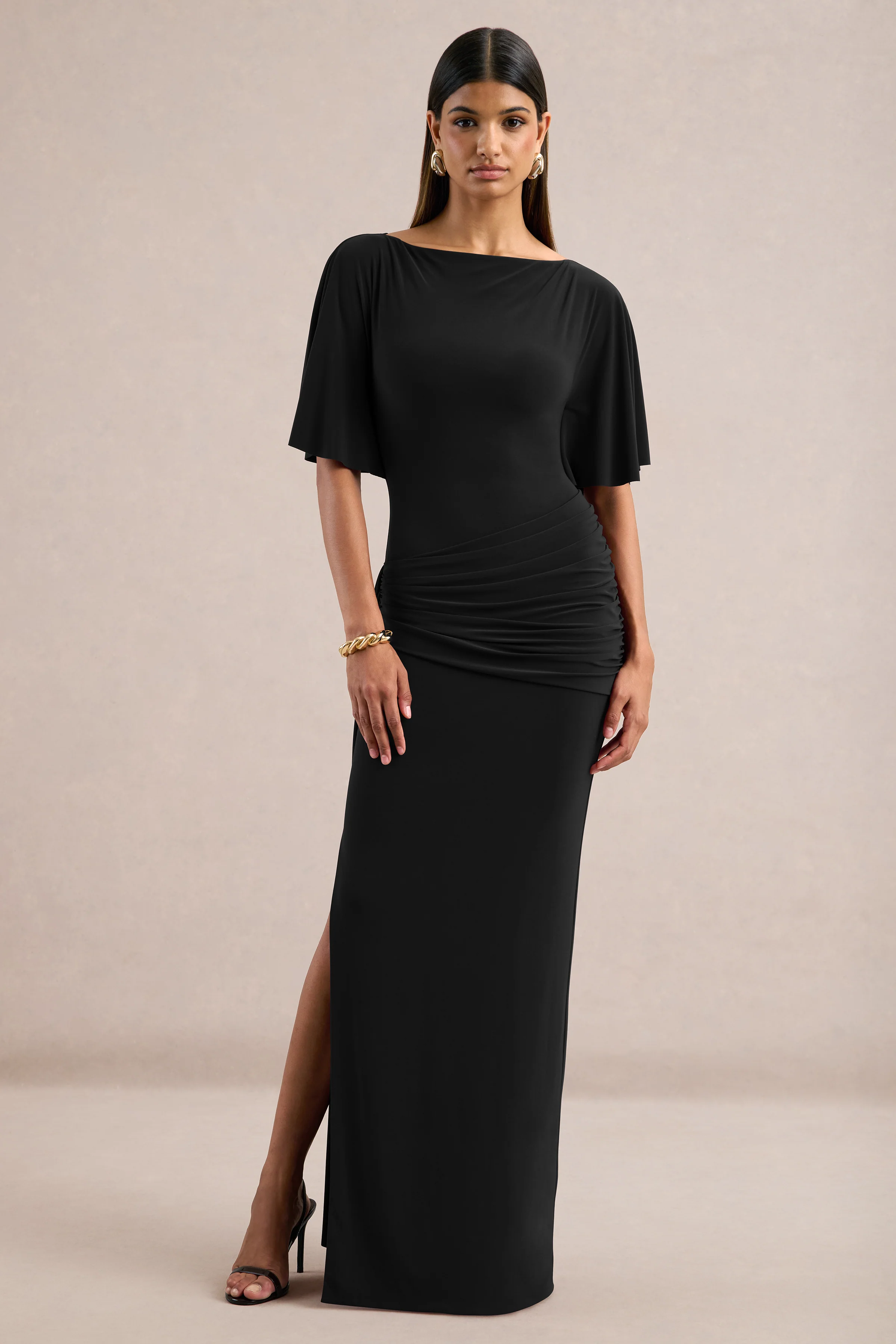 Emerelle | Black Jersey Ruched Boat Neck Short Sleeve Maxi Dress With Sash And Split