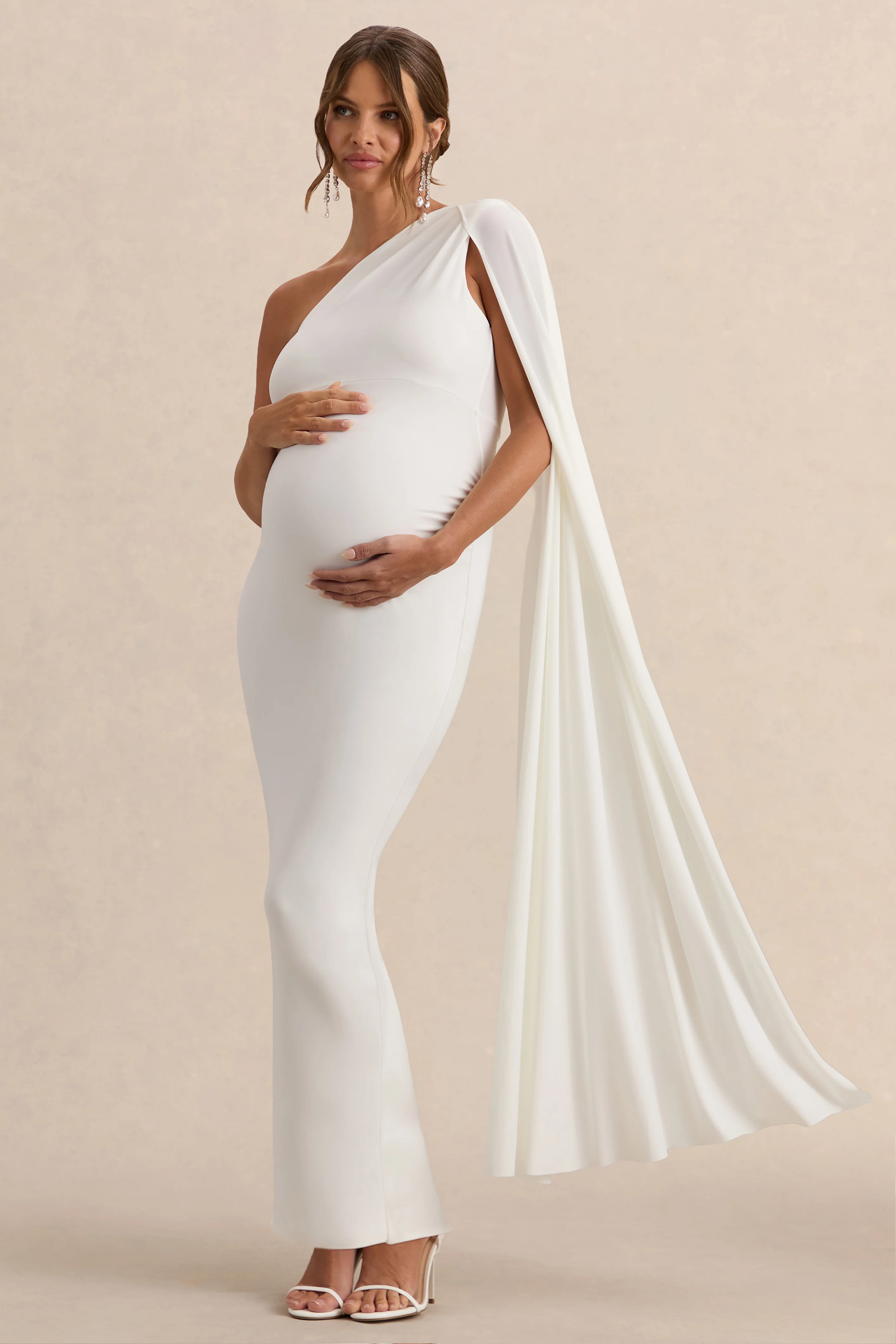 Amaryllis | White Maternity One Shoulder Maxi Dress with Cape Sleeve