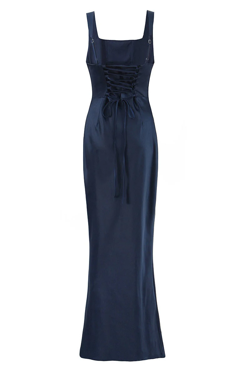 Square Neck Navy Blue Ruched Fitted Long Dress