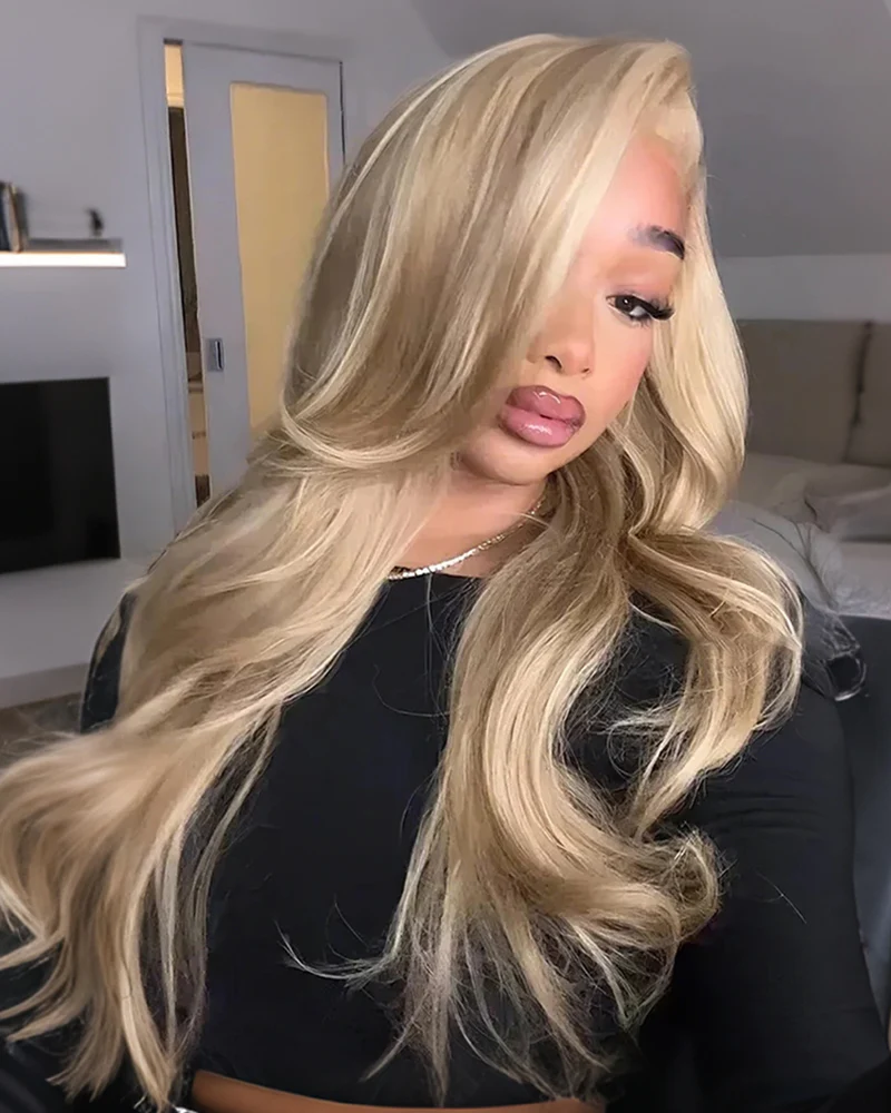 Ophirawig 13x4 Frontal Lace & 6x5 Invisible Knots Glueless Blonde Khaki Highlight Body Wave Wig Invisible Knots