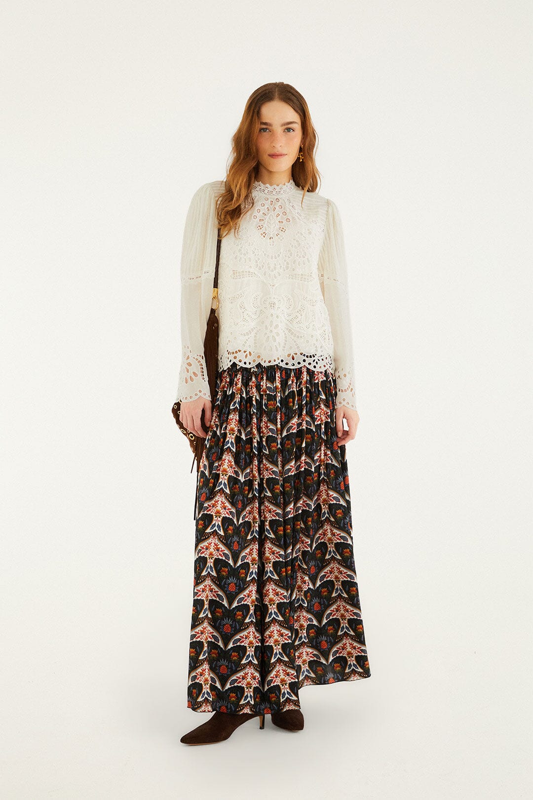 Black Porcelain Birds Pleats Maxi Skirt
