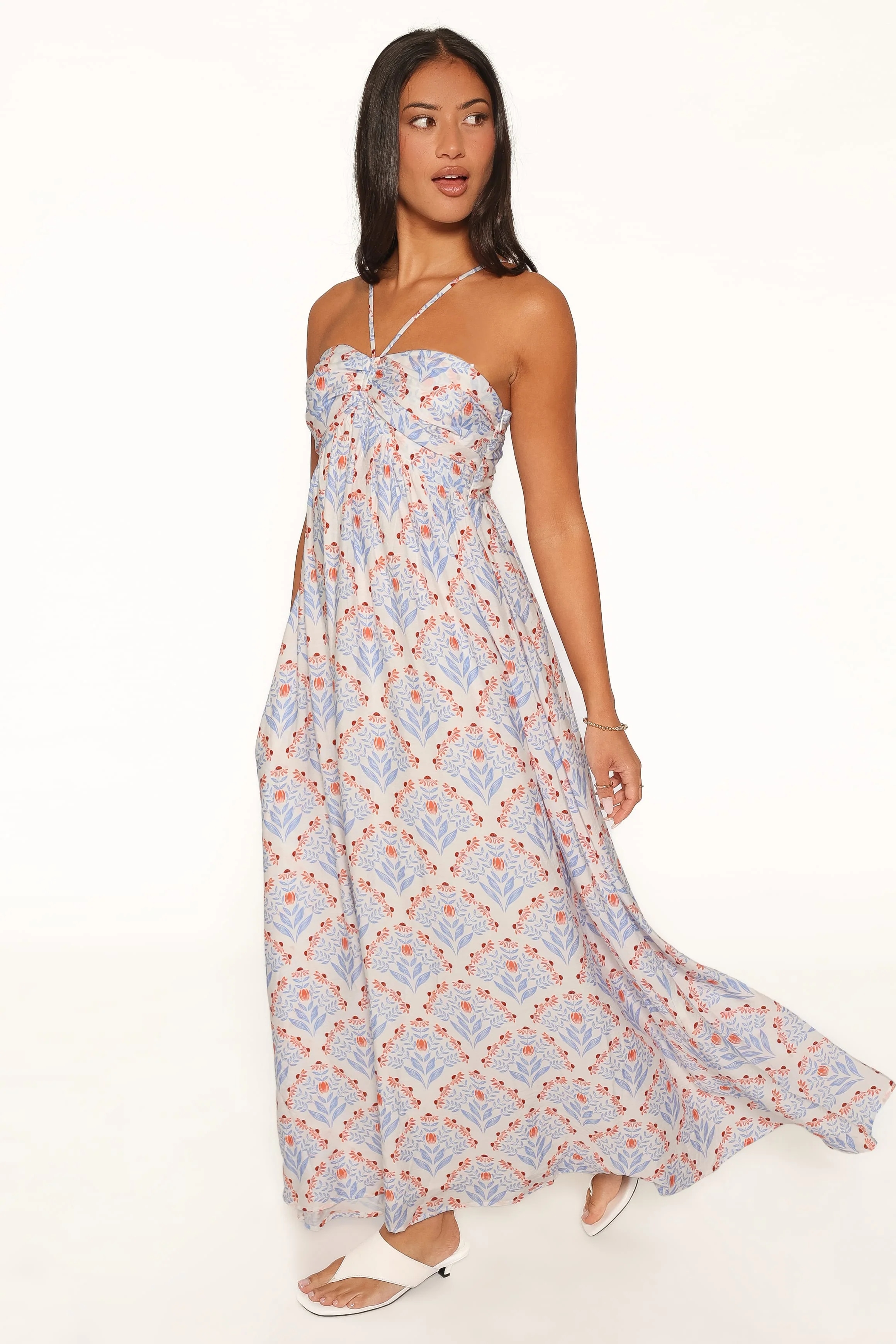 Cascade Halterneck Maxi Dress - White Blue