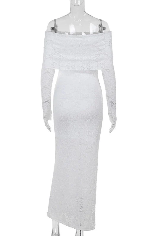 Long Sleeves White Lace Crepe Mermaid Dress