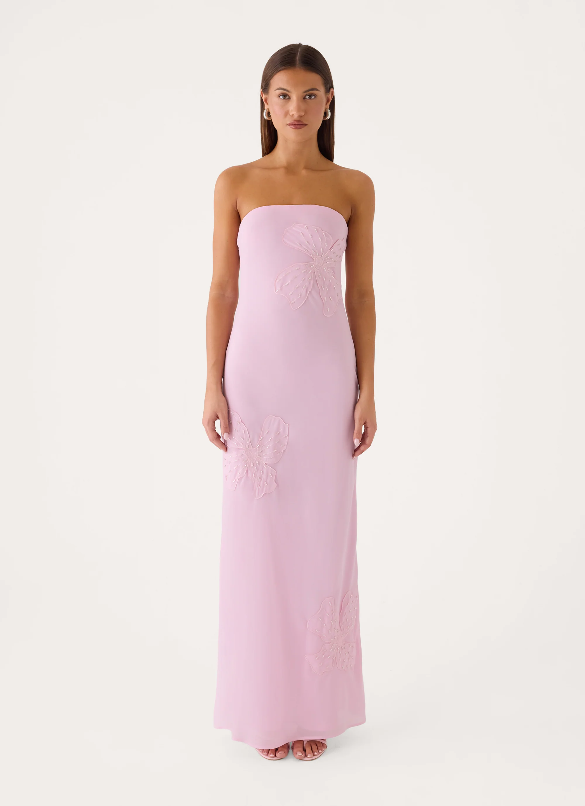 Sassafras Beaded Flower Strapless Maxi Dress - Soft Pink