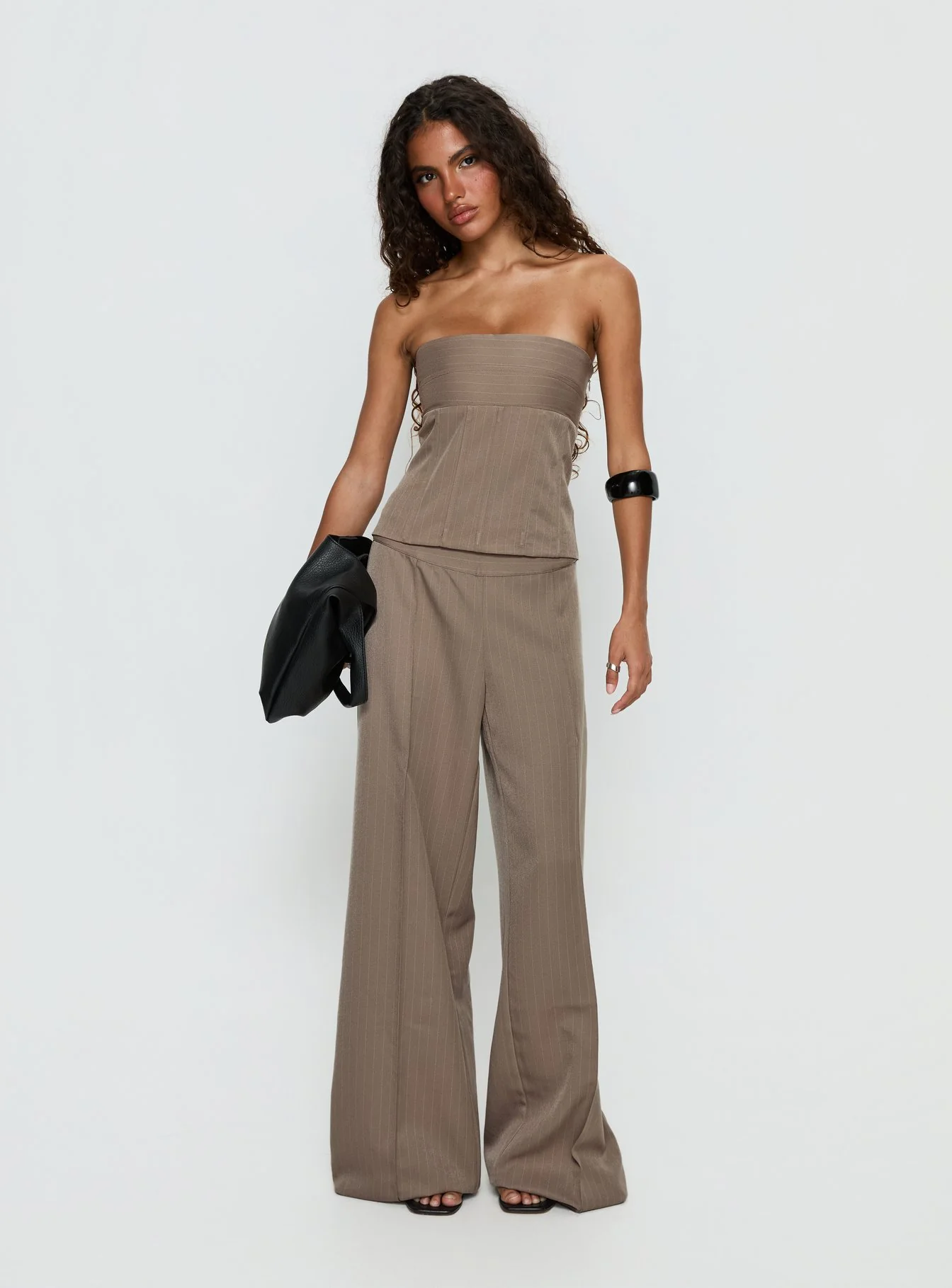 Madelle Mid Rise Straight Leg Pants Brown Pinstripe