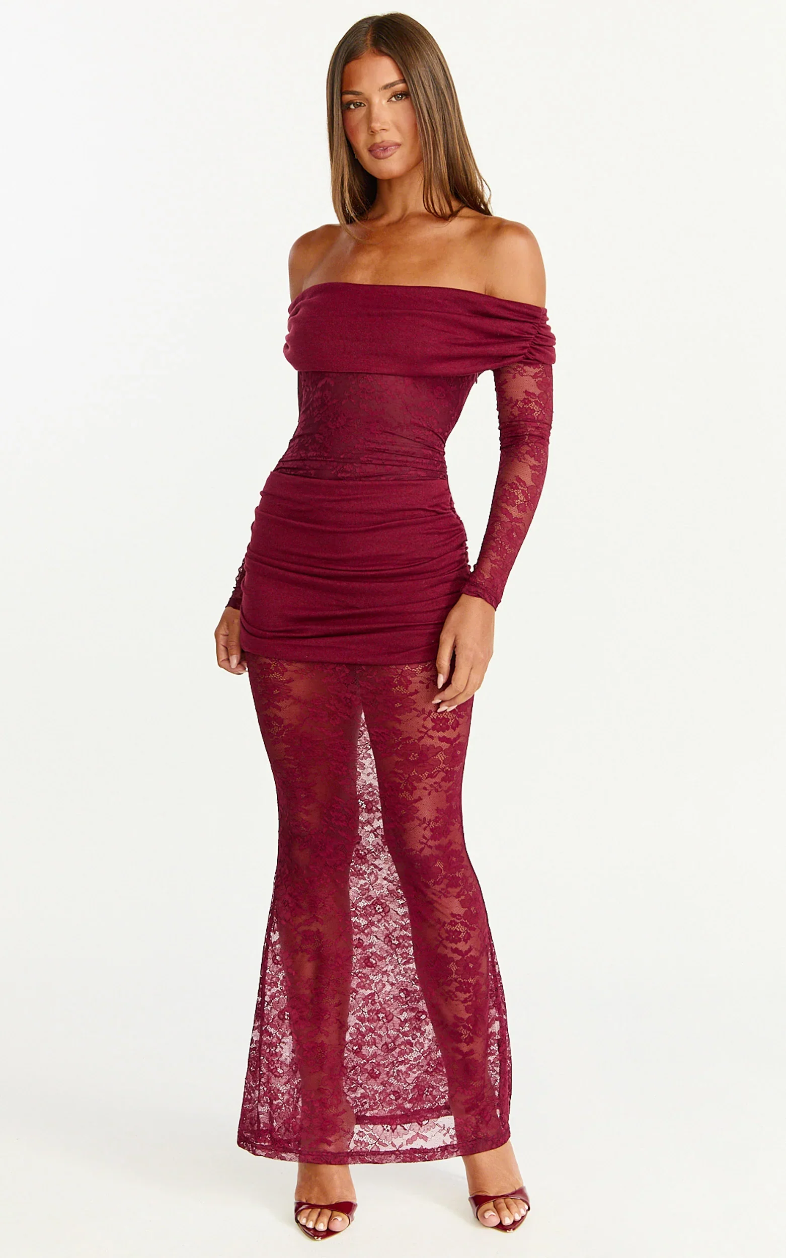 Juliet Maxi Dress - Off Shoulder Long Sleeve Ruched Overlay Lace Dress in Wine