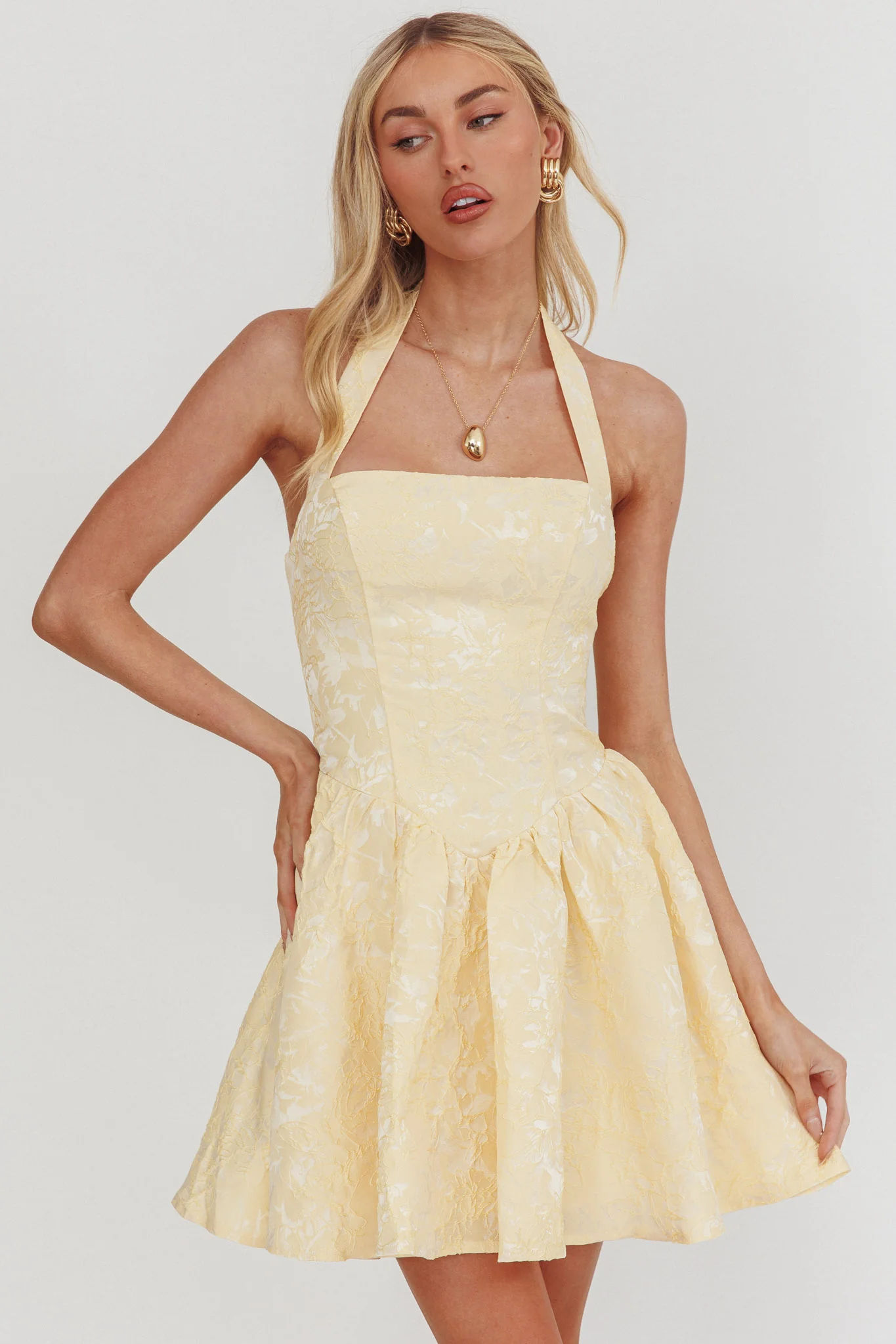 Serrah Halter Mini Dress Jacquard Butter