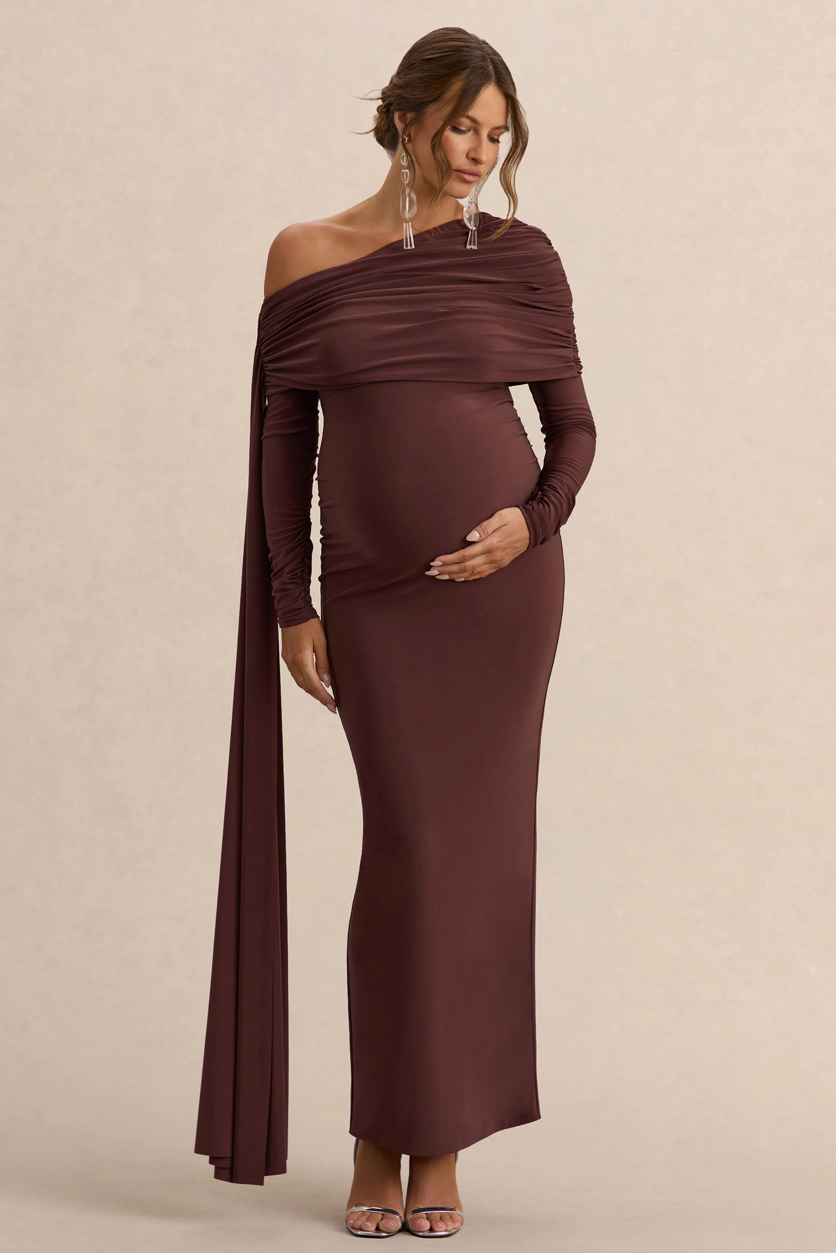 Cyra | Brown Asymmetric-Neck Maternity Maxi Dress With Sash