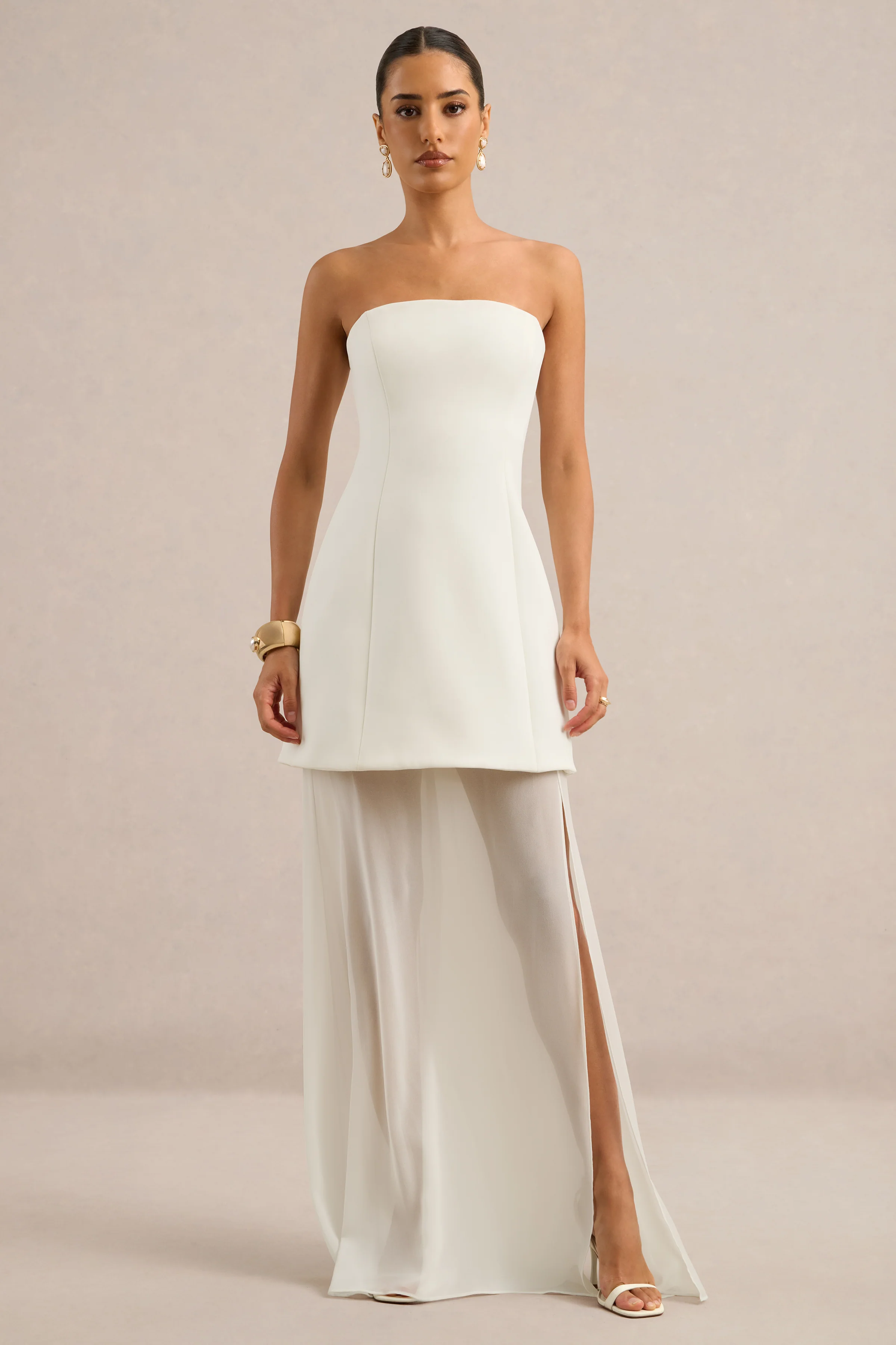 Chessa | White Scuba Boat Neck Short Sleeve Maxi Dress With Sheer Skirt And Corset