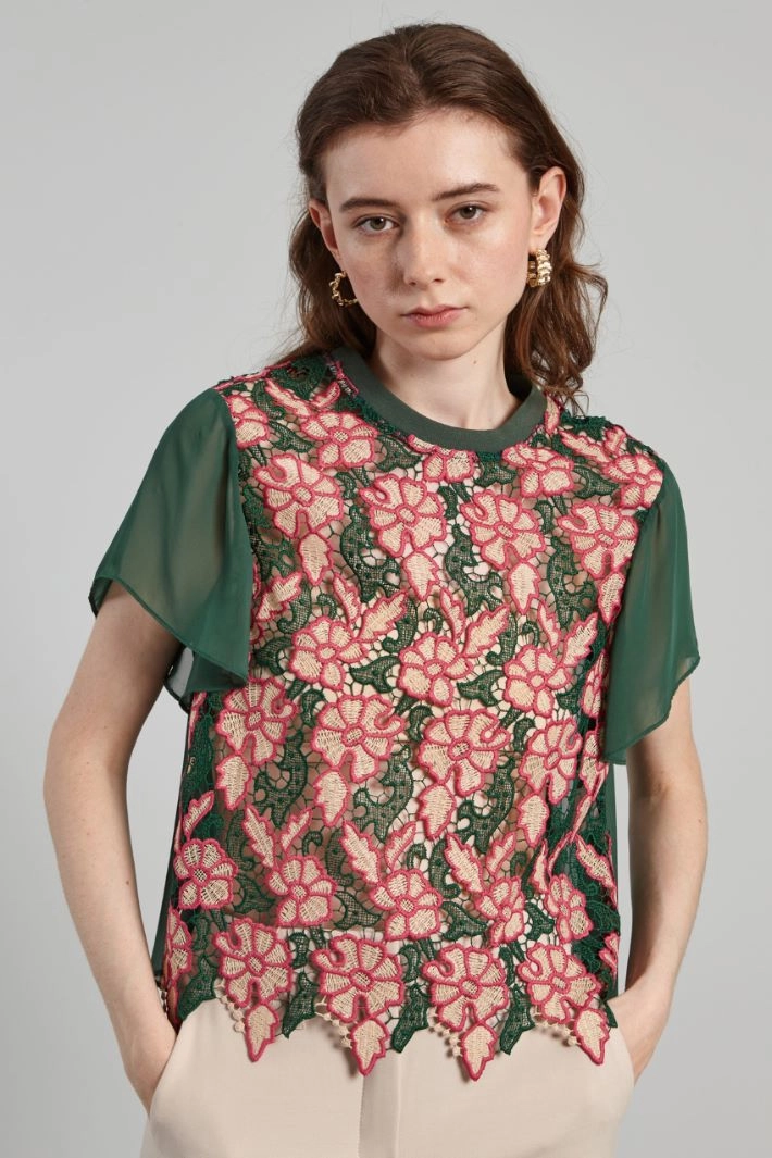 Lace and georgette top - GREEN FUCHSIA