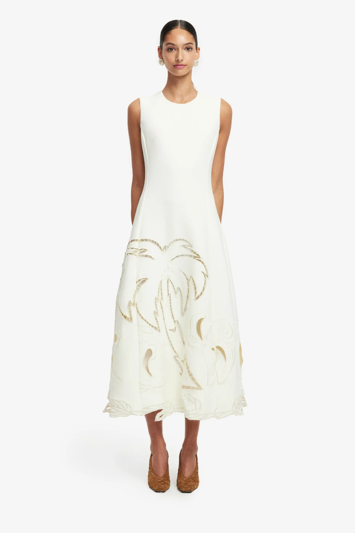 Cleo Palm Sleeveless Midi Dress - Vanilla