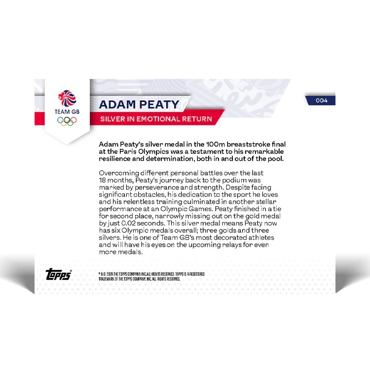 Adam Peaty - Silver in emotional return - 2024 Team GB TOPPS NOW® Card 4