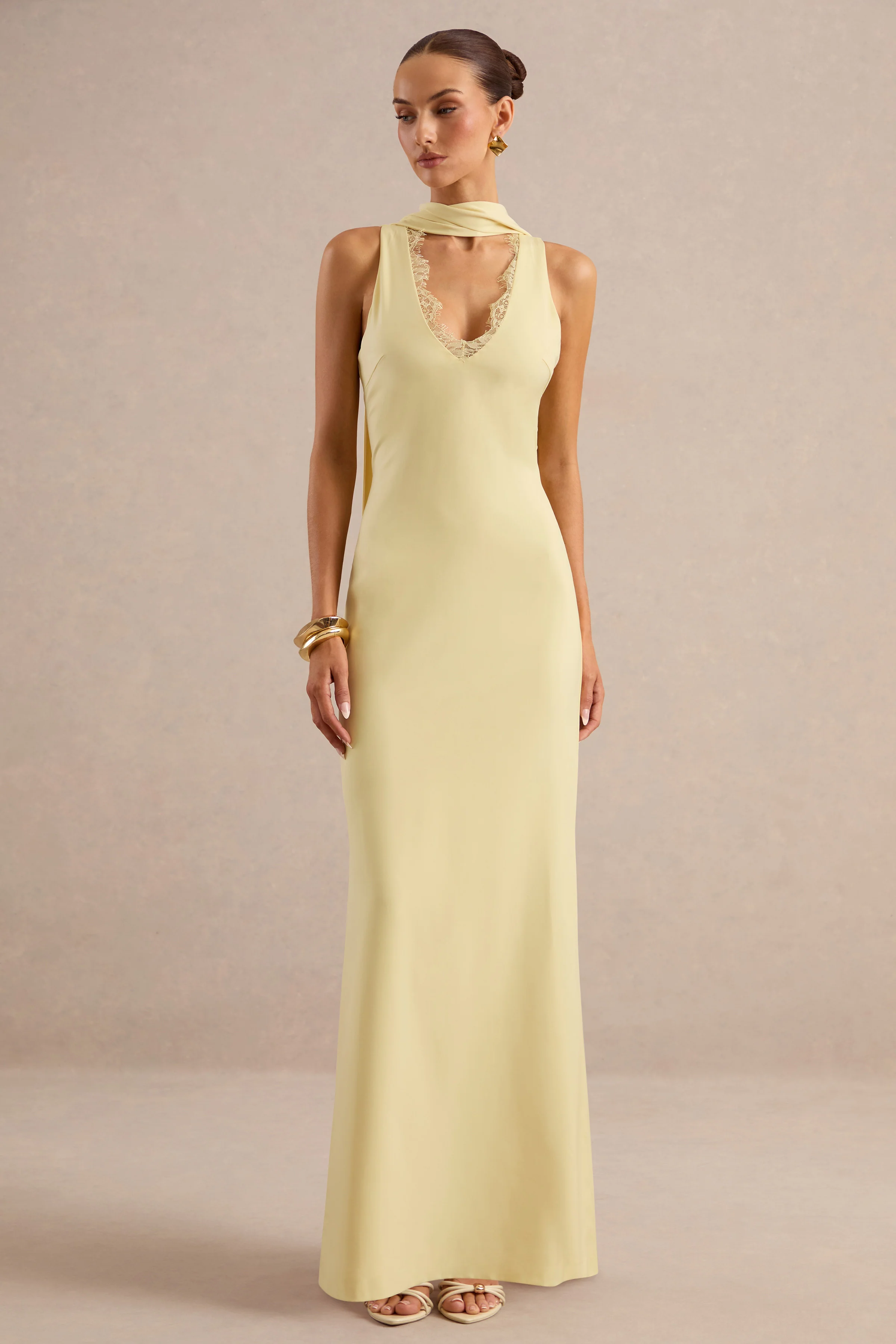 True Icon | Lemon Satin High-Neck Maxi Slip Dress With Sash