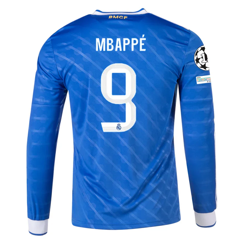 Men's Real Madrid Mbappe Long Sleeve Third Jersey w/ Champions League Patches 25/26 (Blue/White)