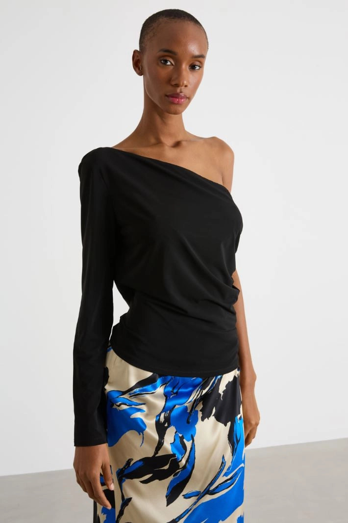 One-shoulder top in jersey - BLACK