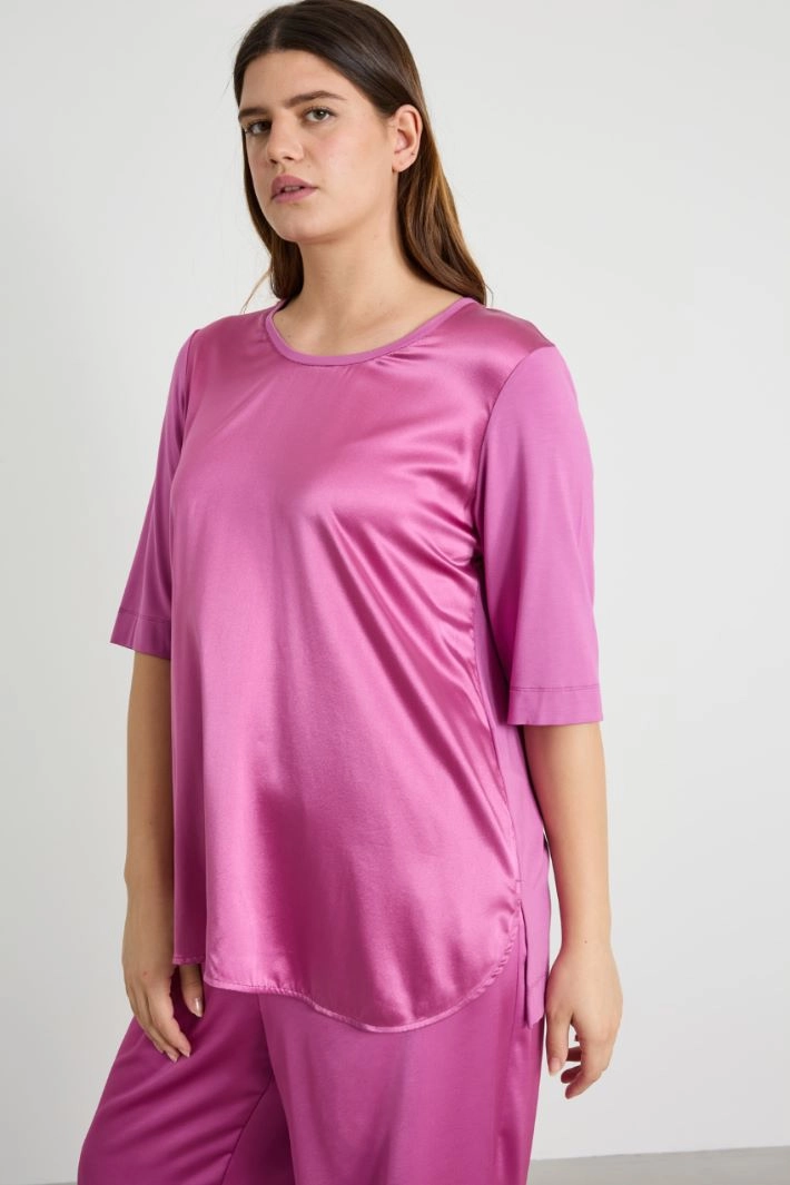 Jersey and silk T-shirt - FUCHSIA