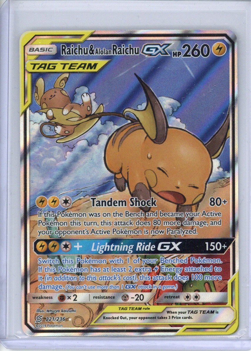 2019 Pokemon Unified Minds Raichu & Alolan Raichu Gx Tag Team 221/236