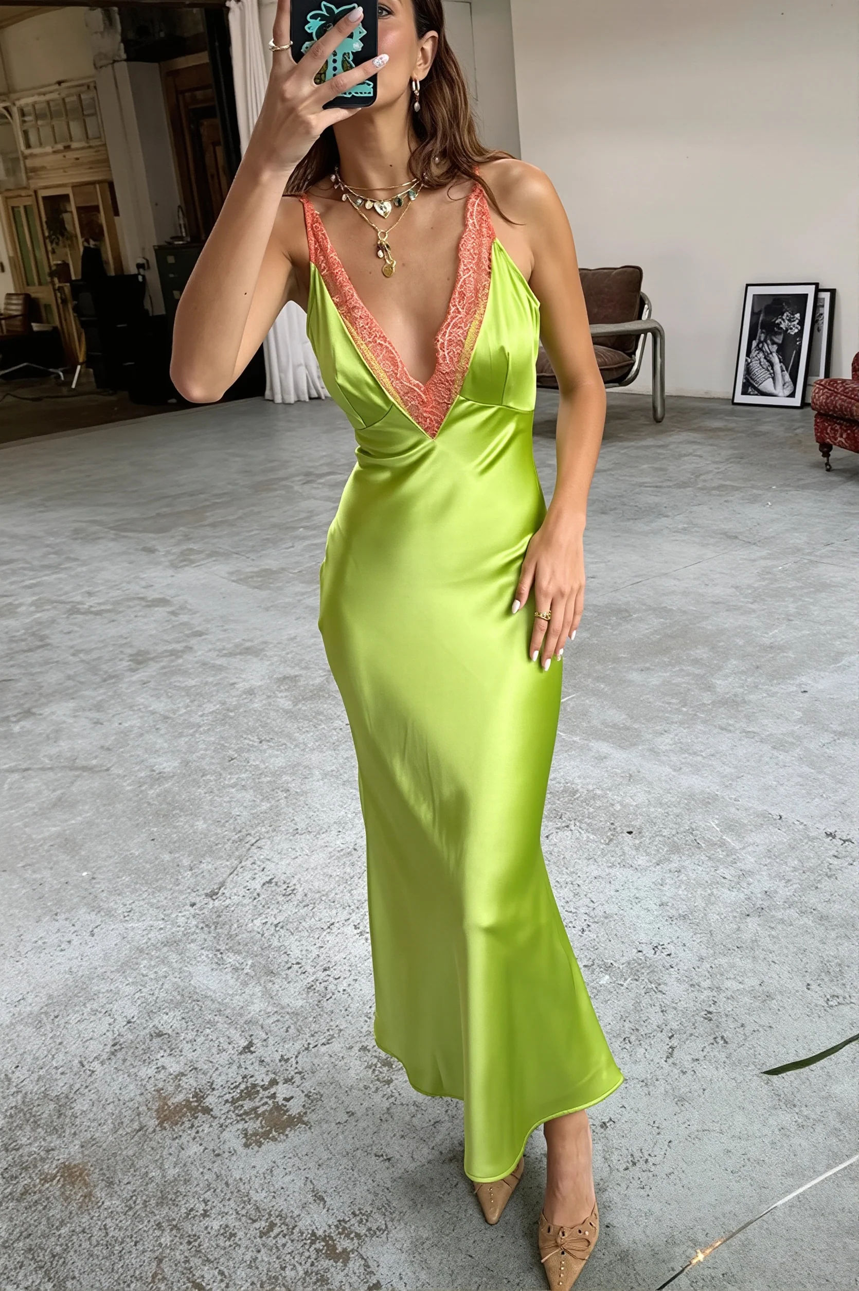Lace V-Neck Color Block Bodycon Maxi Dress