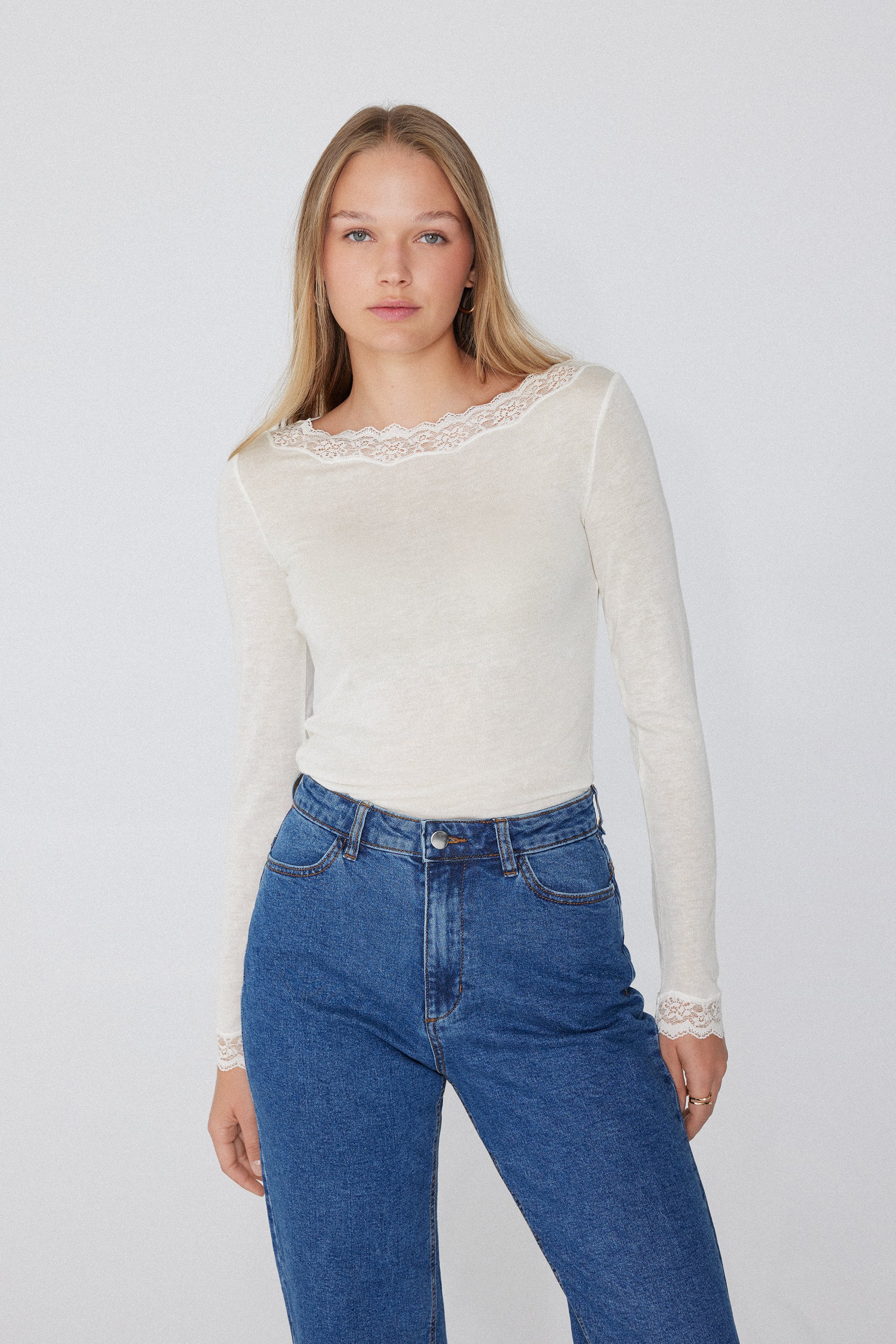 Lightweight Lace/Merino Wool Top with Boat Neck