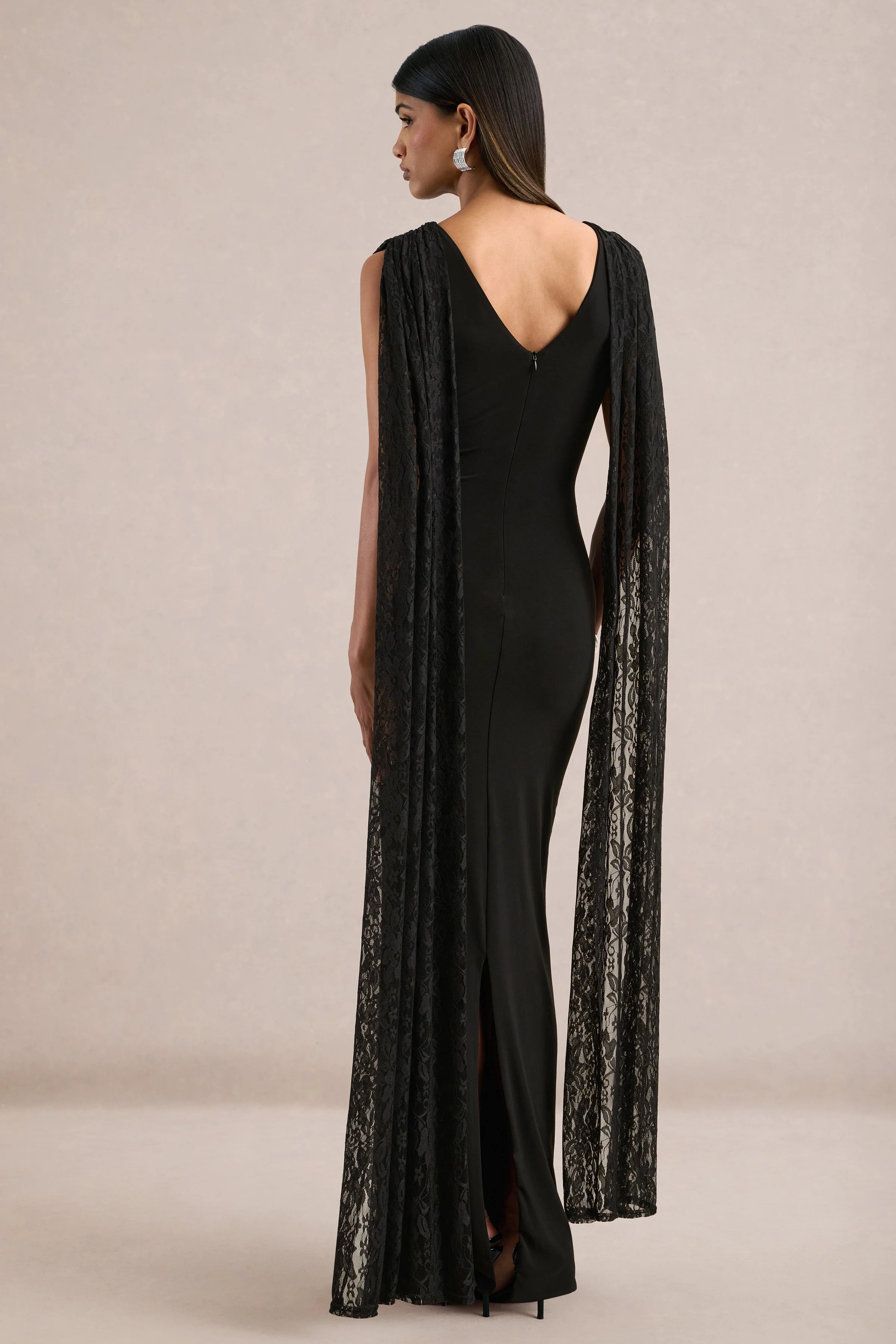 Eliette | Black Jersey Ruched V Neck Maxi Dress With Draped Detailing And Lace Cape