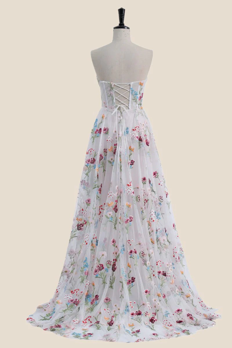 Strapless White Floral Embroidery Tulle Long Dress