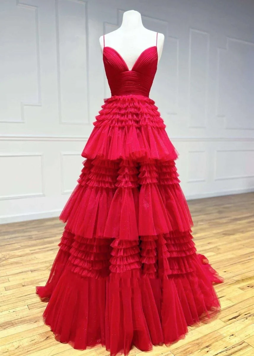 Amanda| A-Line Spaghetti Straps Long Tiered Tulle Prom Dress With Split