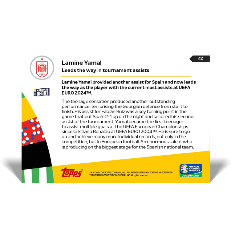 Lamine Yamal - Leads the way in tournament assists - EURO 2024 TOPPS NOW® Card 38