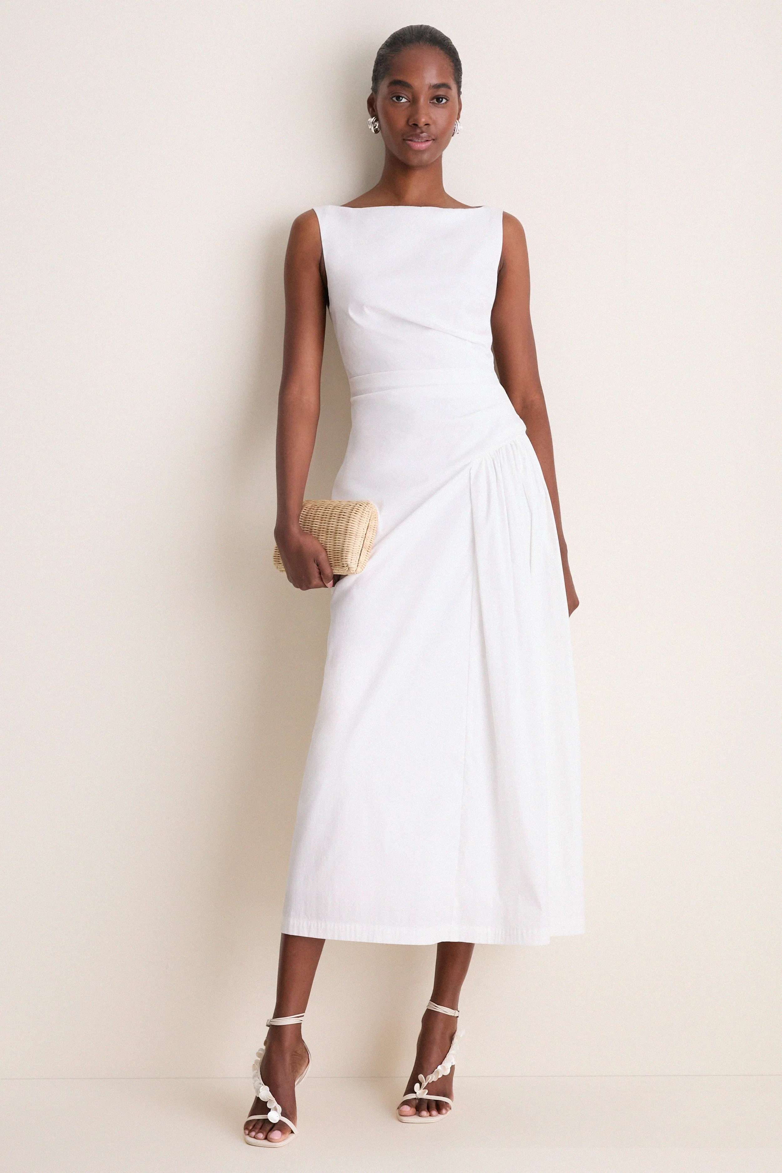 White Cotton Poplin Asymmetrical Flounce Dress