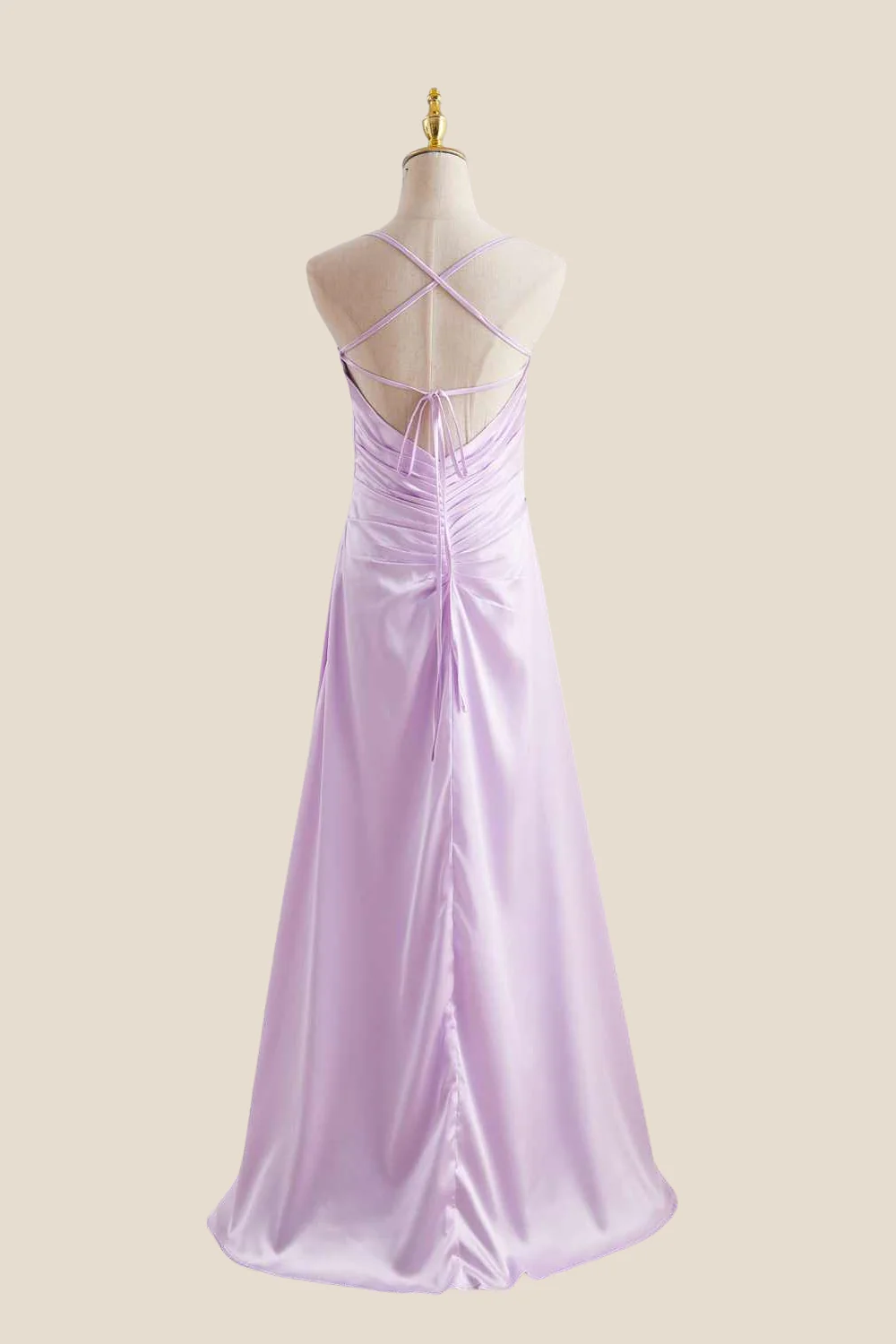 Straps Lavender Ruched A-line Satin Long Dress