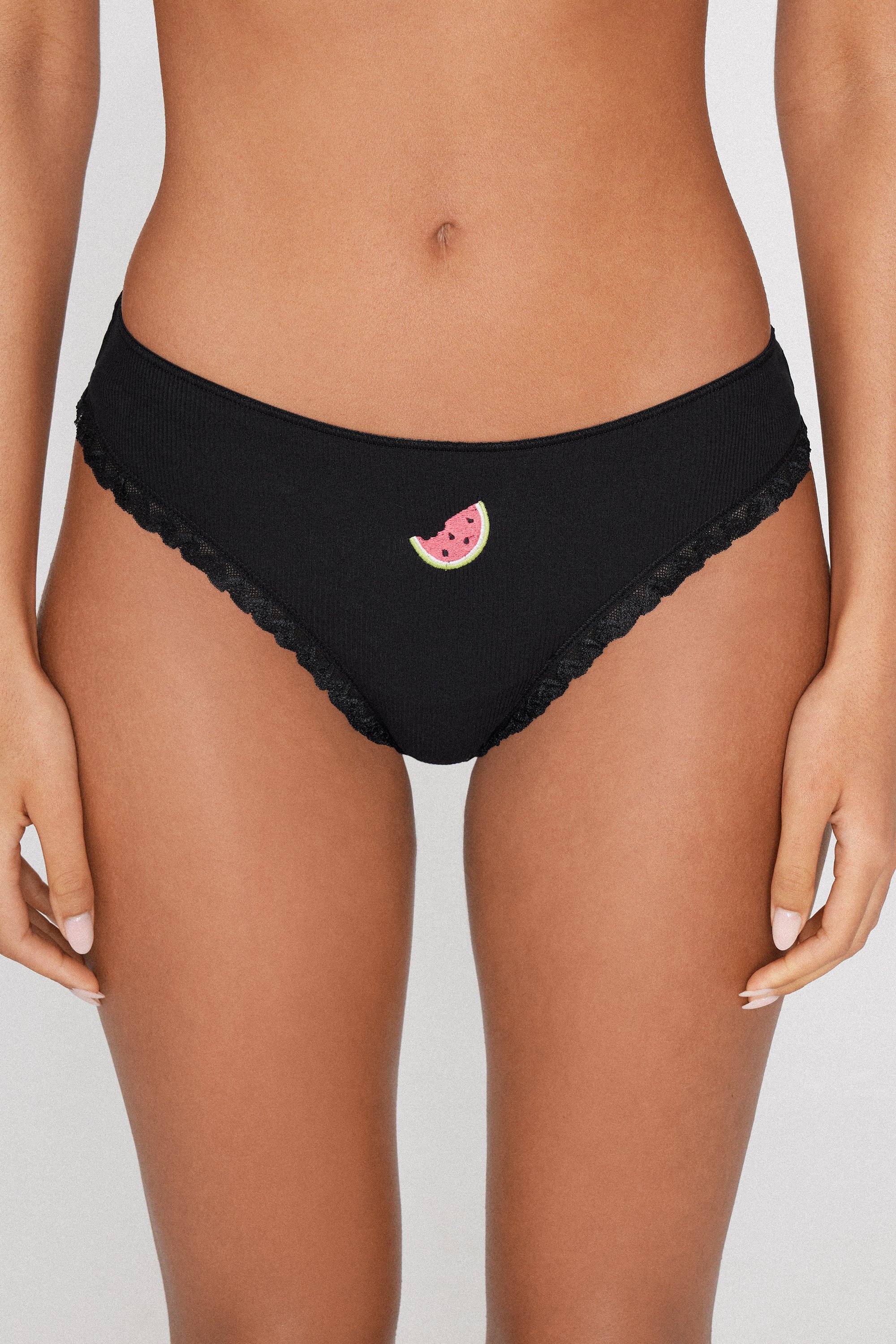 Ribbed Cotton Brazilian Briefs with Embroidery