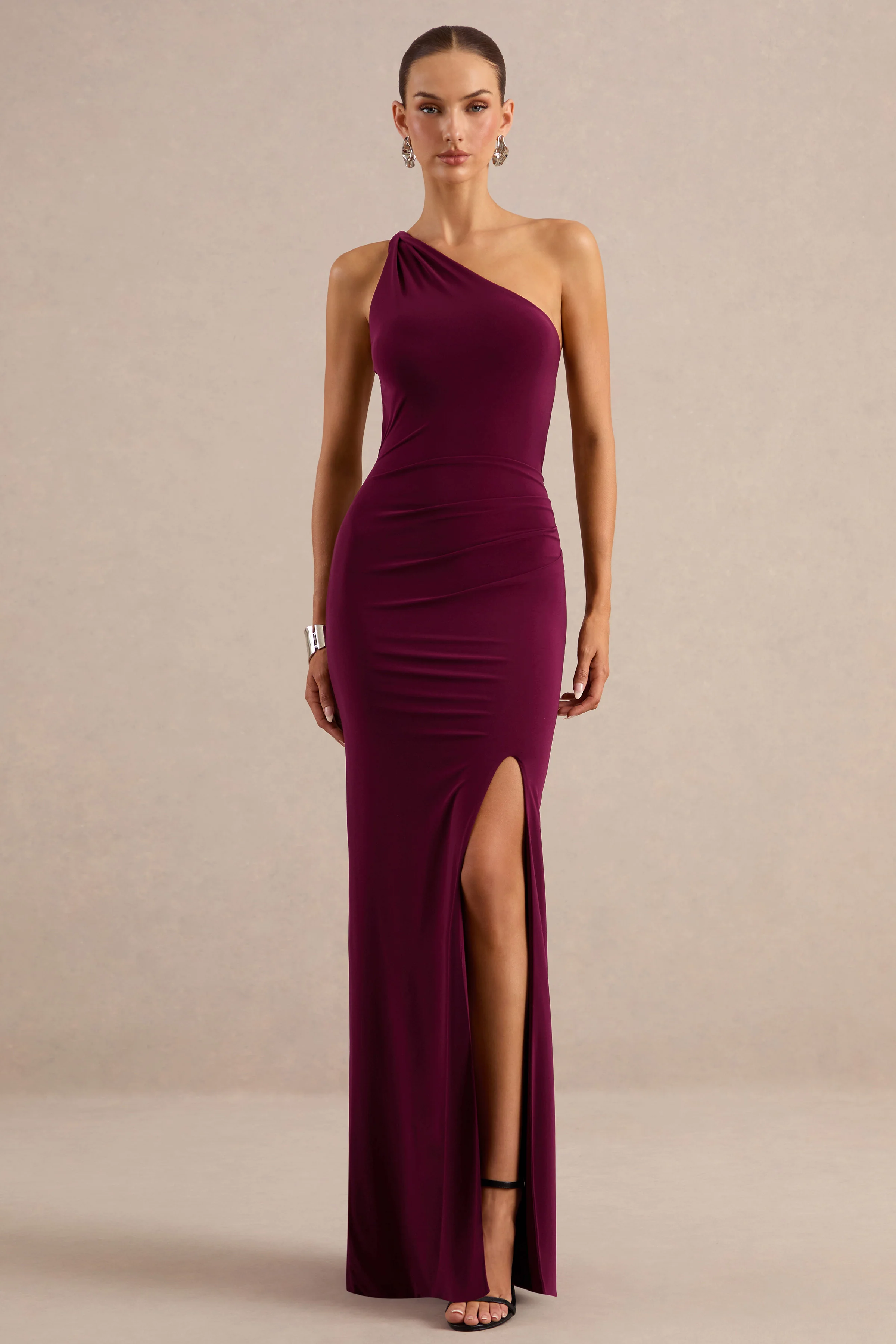 Dressing Up | Burgundy Jersey One Shoulder Maxi Dress With Twist Open Back Detail And Split
