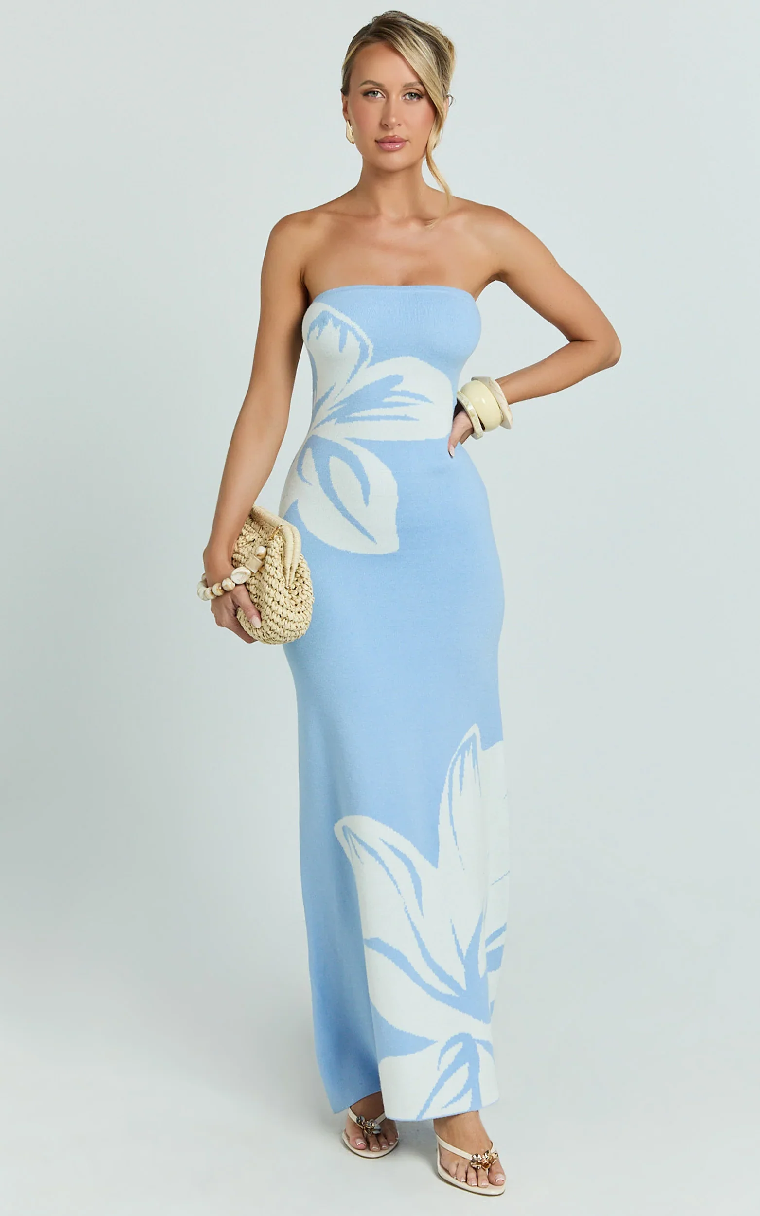 Amy Midi Dress - Knit Strapless Column Dress in Intarsia Print