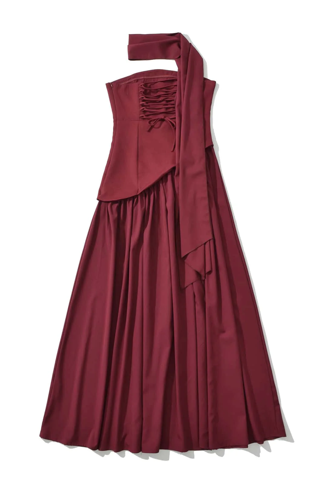 Burgundy Crepe Bodice Gathered Long Dress