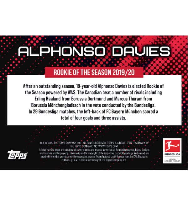 Topps Alphonso Davies Rookie of the Season 2019/20 Memorabilia Card