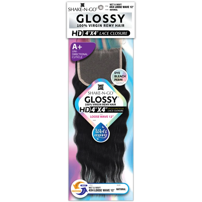 Shake N Go Glossy 100% Virgin Remy Hair A+ Wet & Wavy HD 4x4 Lace Closure - LOOSE WAVE 12