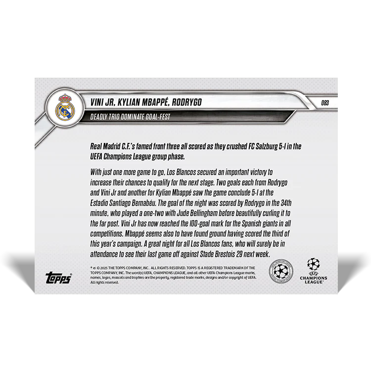 Rodrygo X Kylian Mbappé X Vini Jr - Deadly trio dominate goal-fest - 24/25 UCL Topps NOW® Card 83