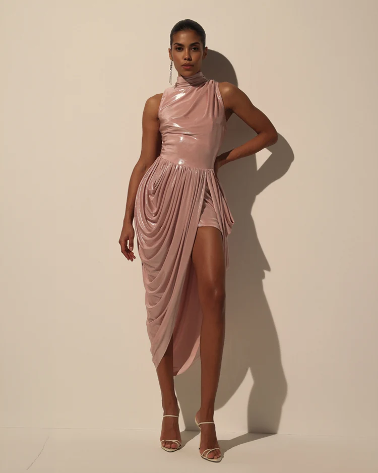 Dress with Halter Neck and Wet Effect