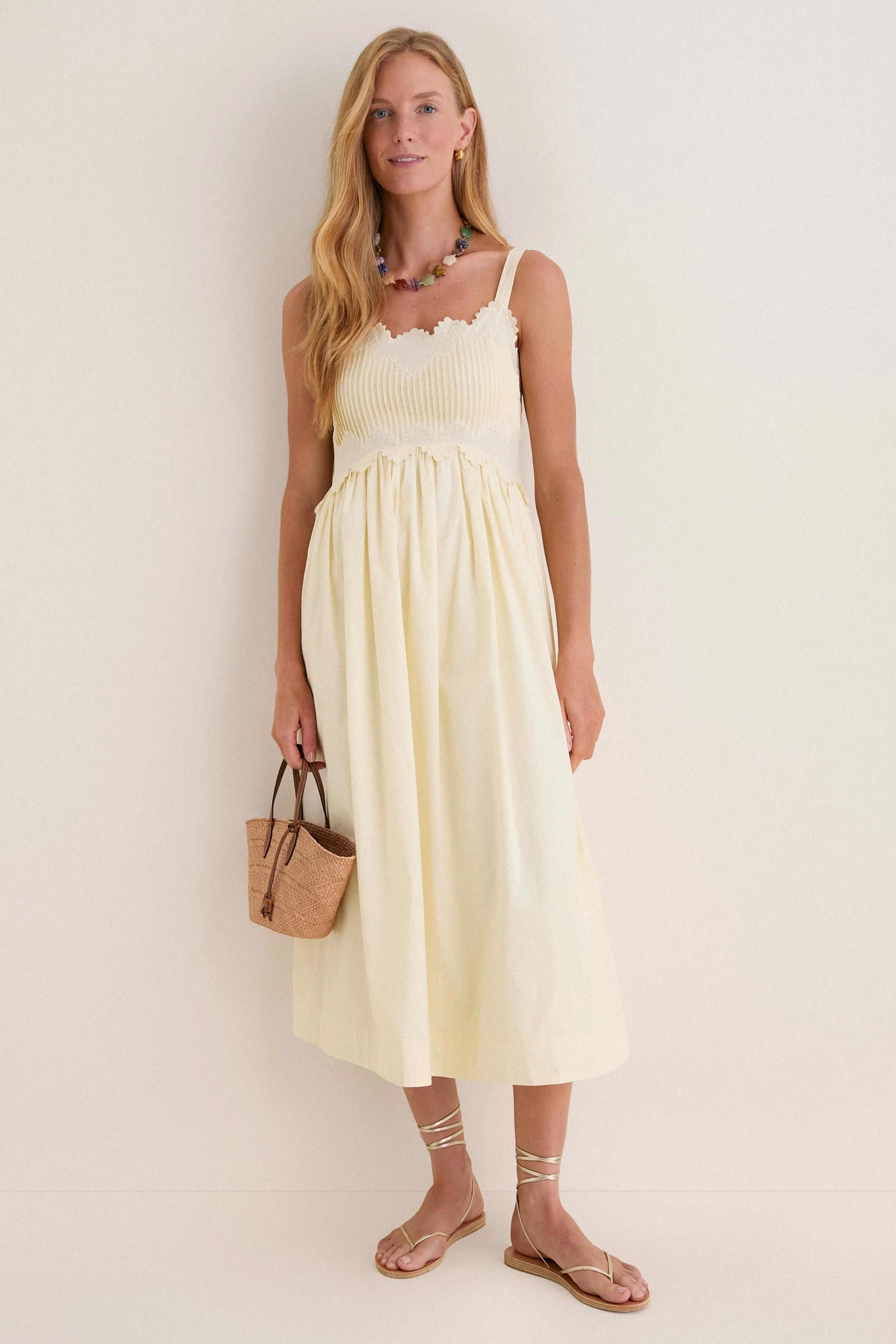 Butter Yellow Embroidered Cotton Midi Dress