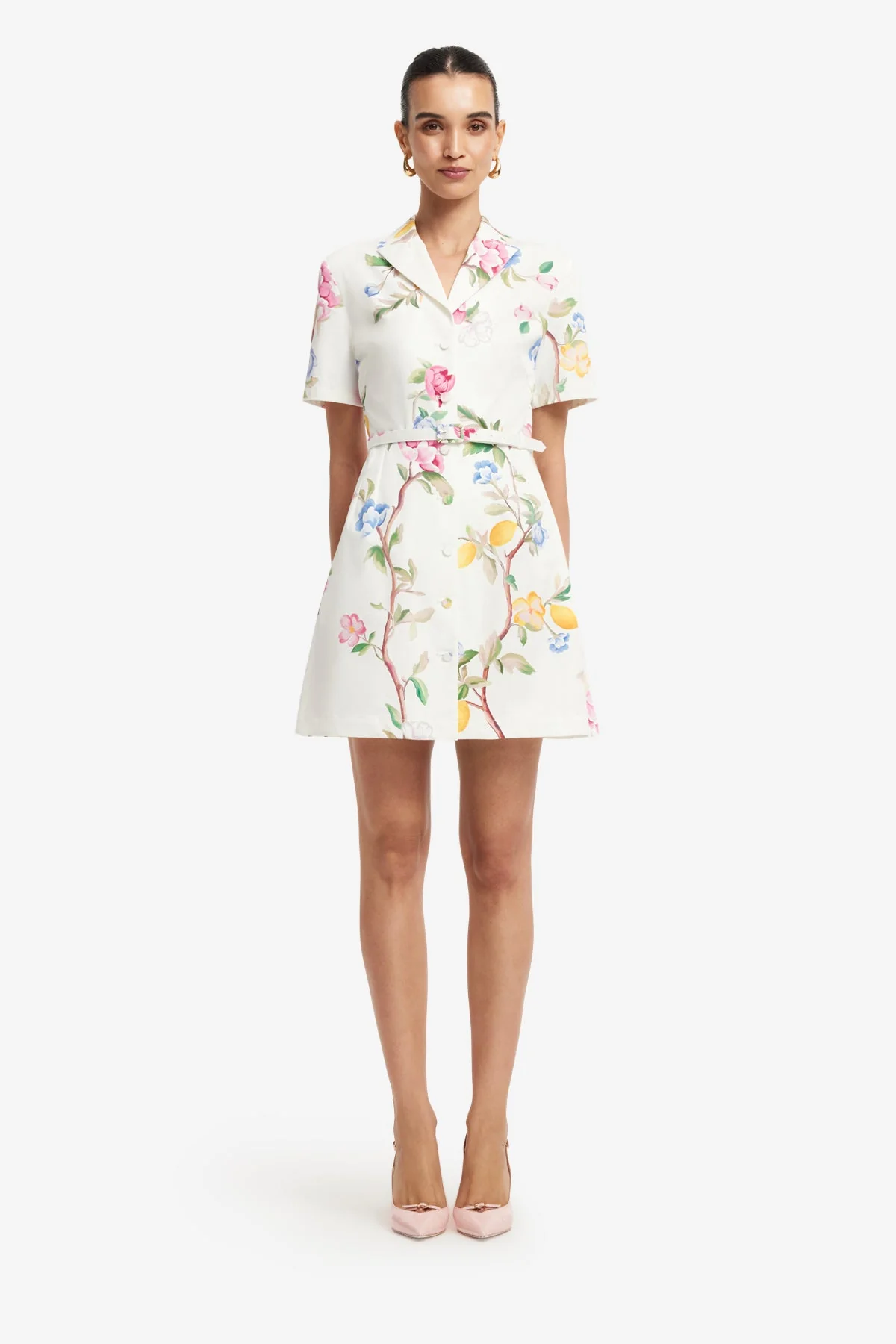 Brigitte Mini Dress - Lemon Vine Print in Snow