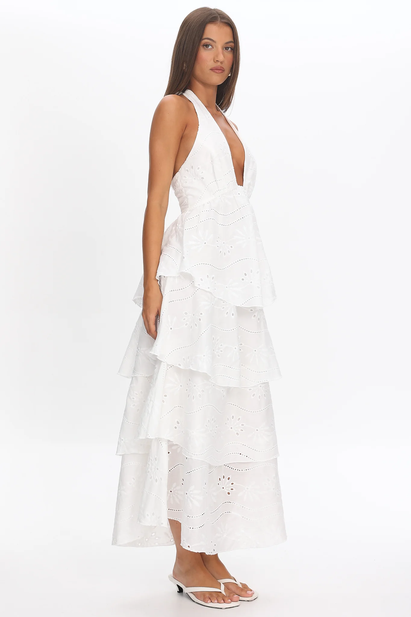 Catalina Tiered Halter Maxi Dress Eyelet White