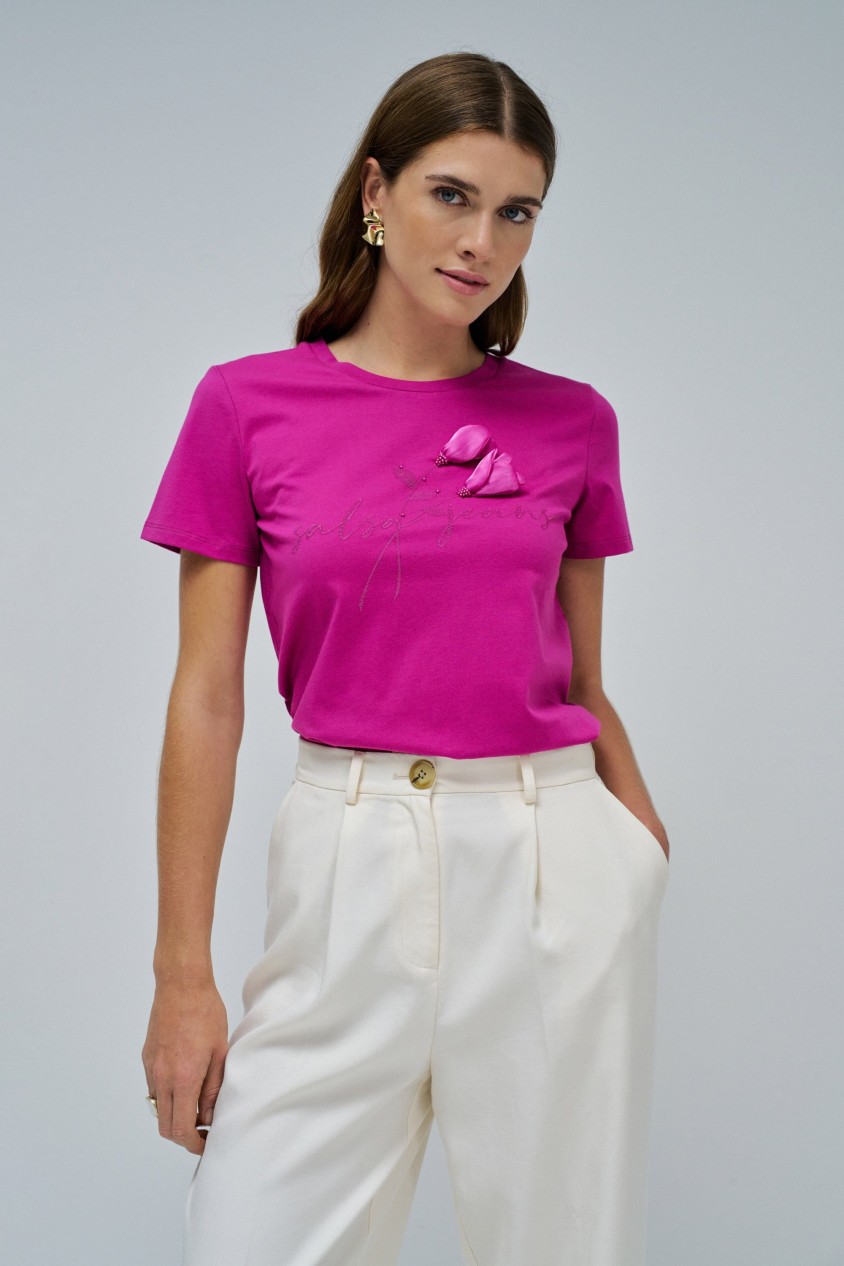 T-SHIRT WITH FLOWER APPLIQU?S