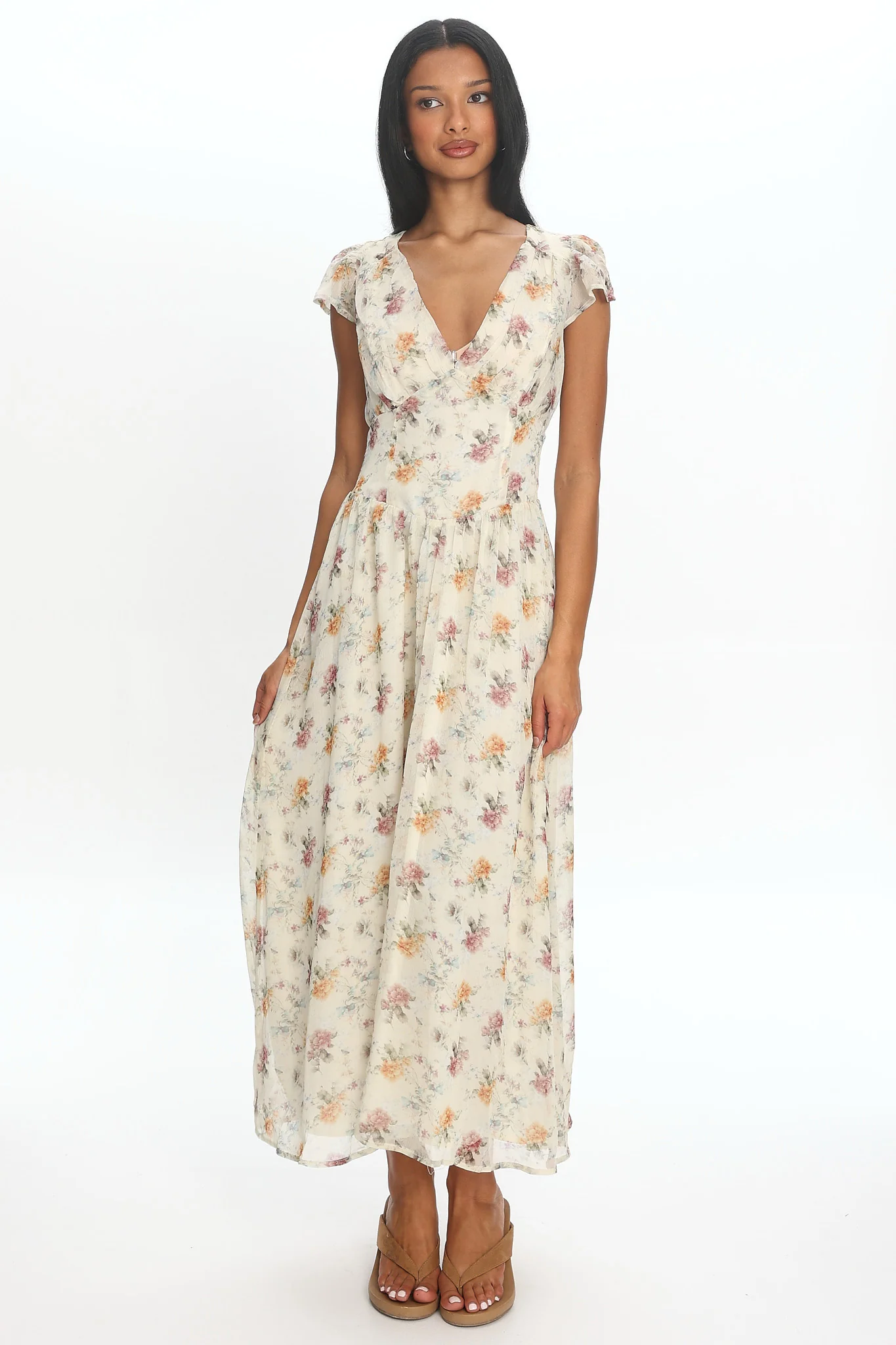Angel Wings V-Back Pleat Maxi Dress Mint Floral
