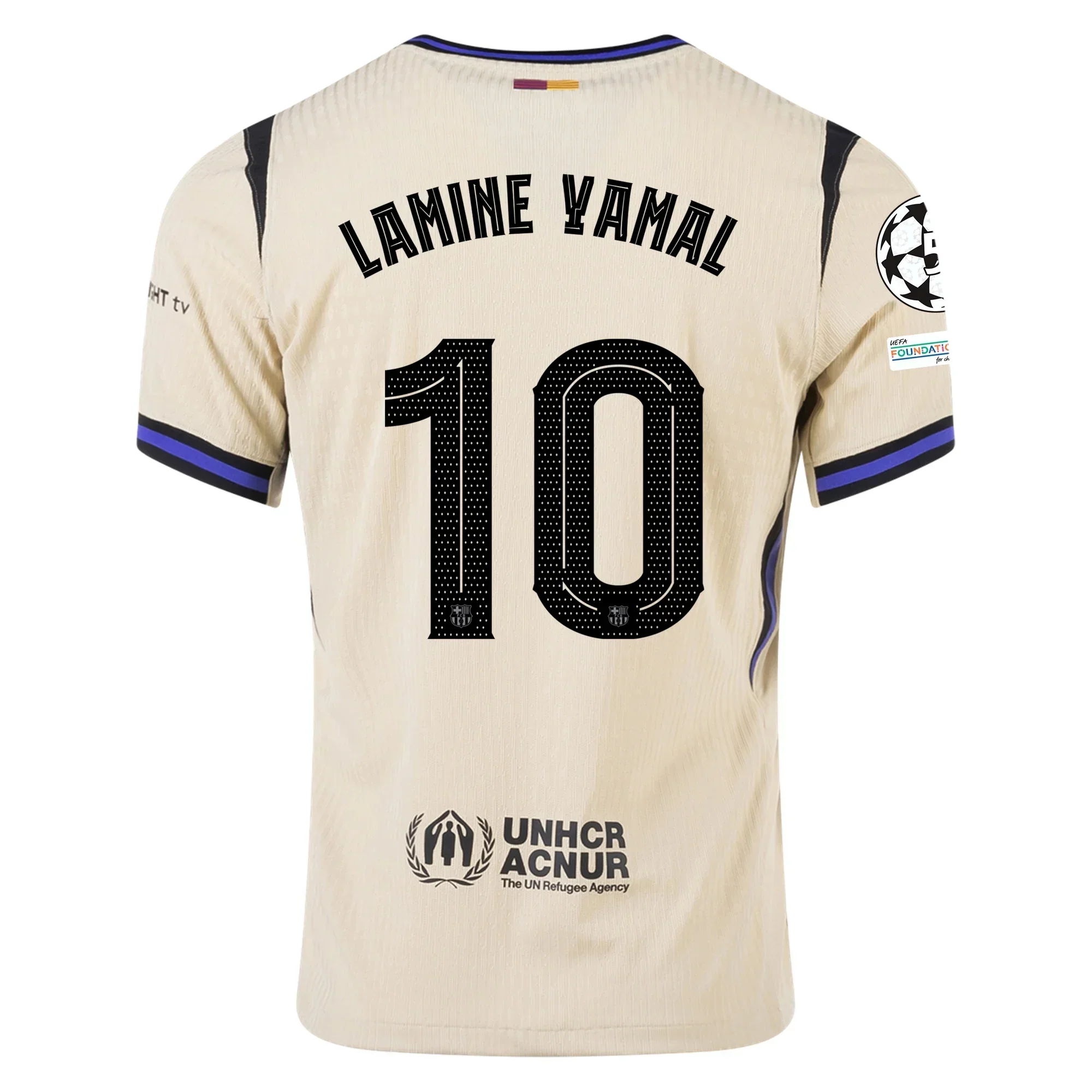 Lamine Yamal Men's FC Barcelona Authentic Away Jersey w/ Champions League Patches (Team Gold/Persian Violet/Black)