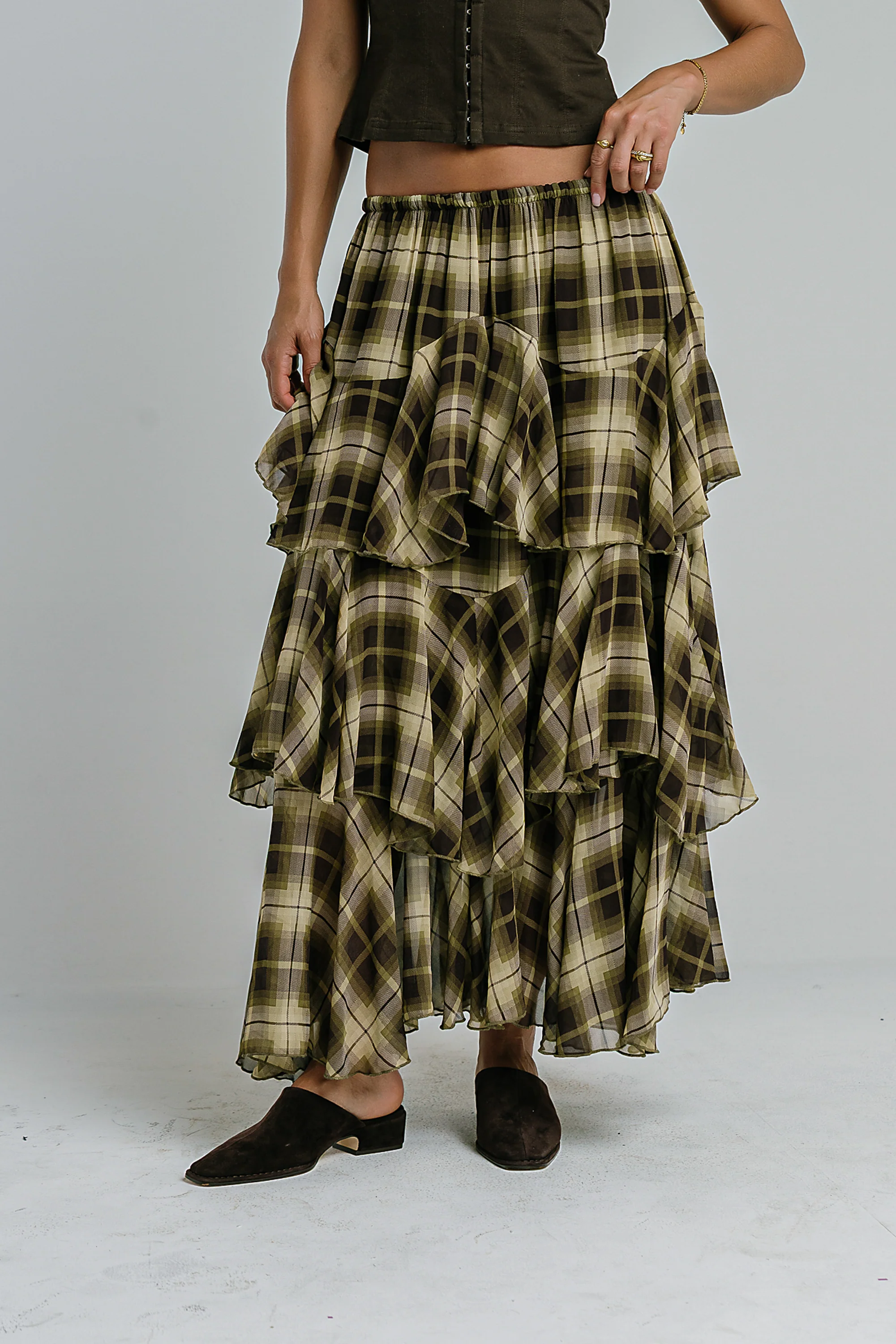 Allyson Plaid Ruffle Midi Skirt