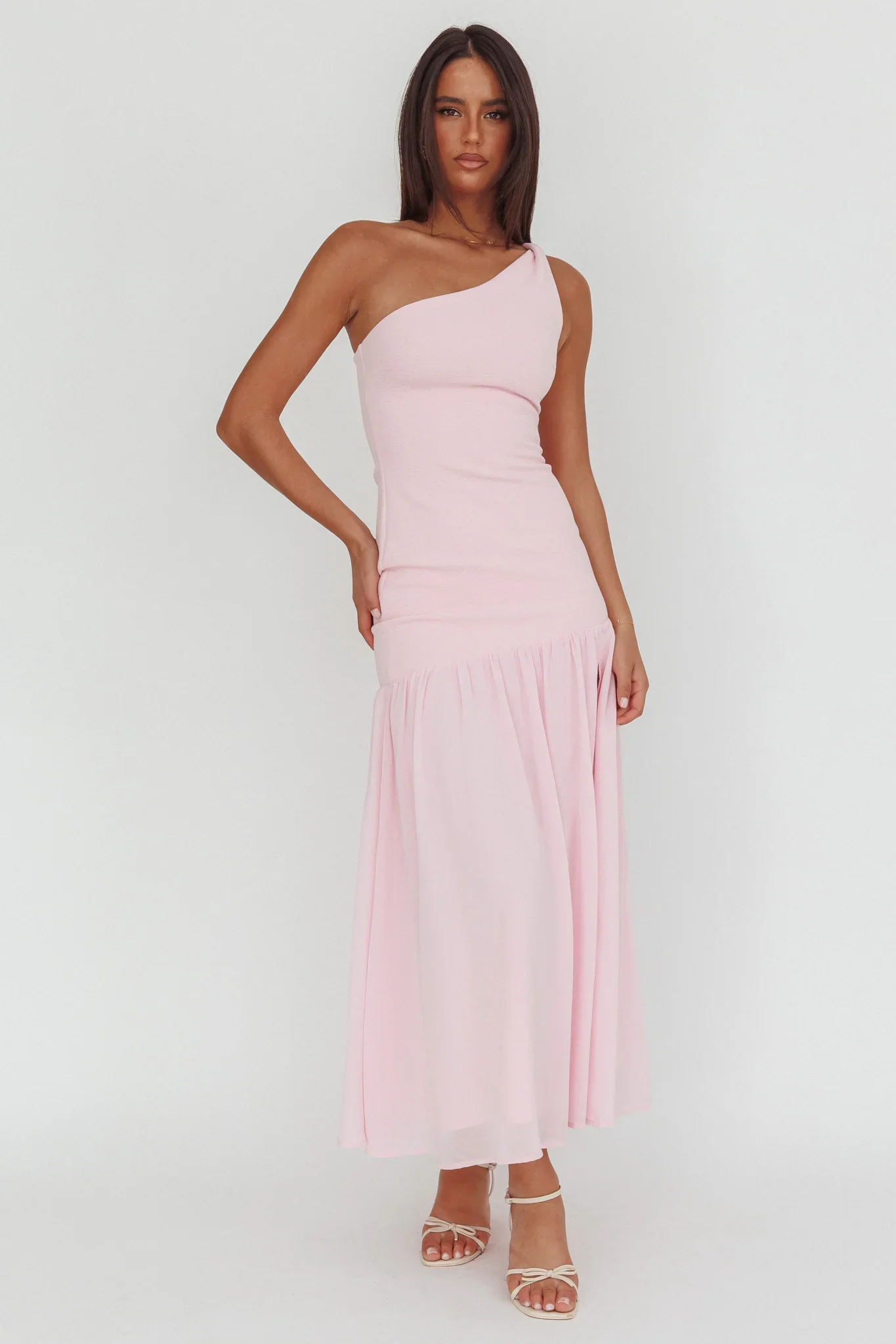 Lights On One-Shoulder Drop Waist Maxi Dress Pink