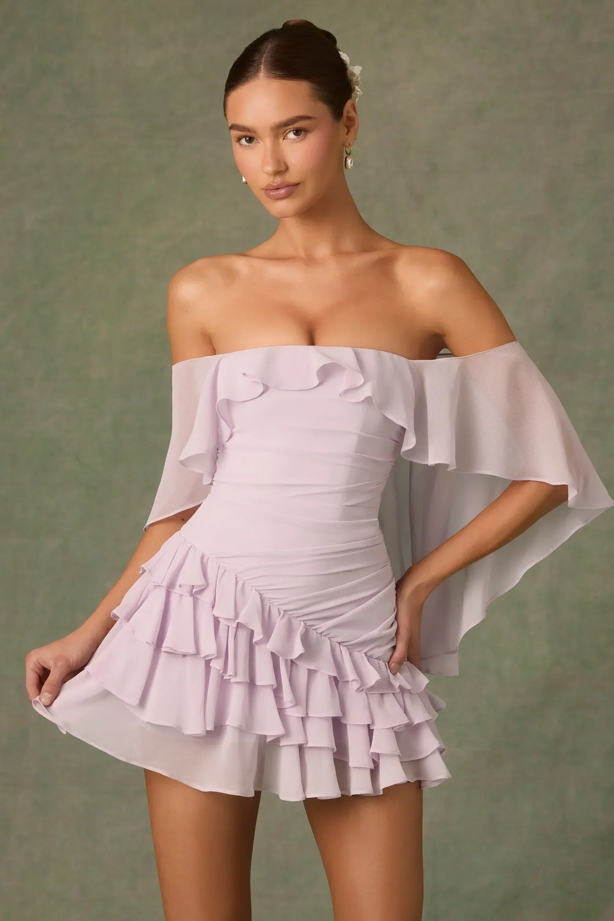 Off-Shoulder Ruffled Mini Dress In Lilac